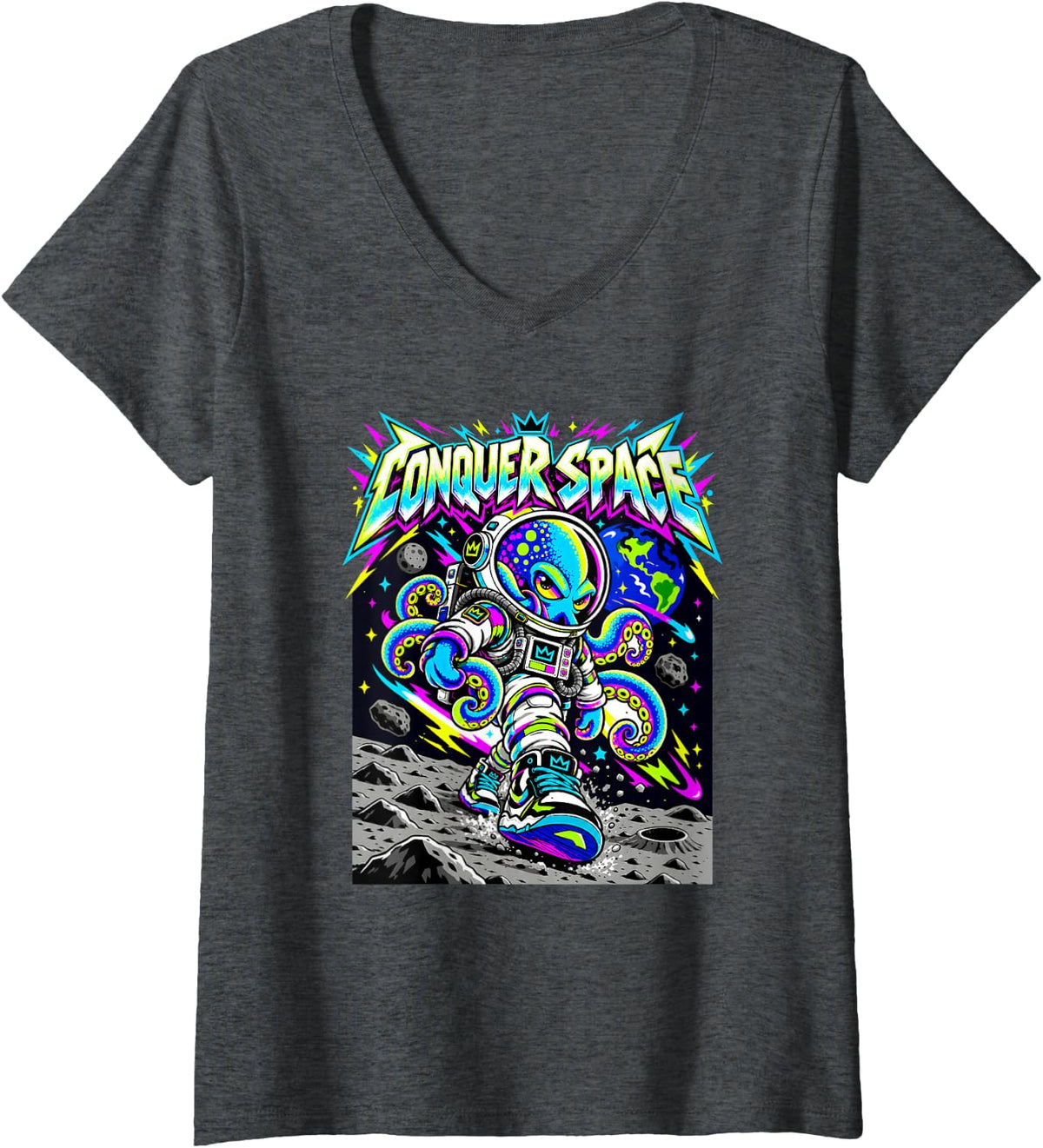 Women's Lunar Octopus Explorer Colorful Galaxy Adventure Art V-Neck T-Shirt - Dark Heather Grey