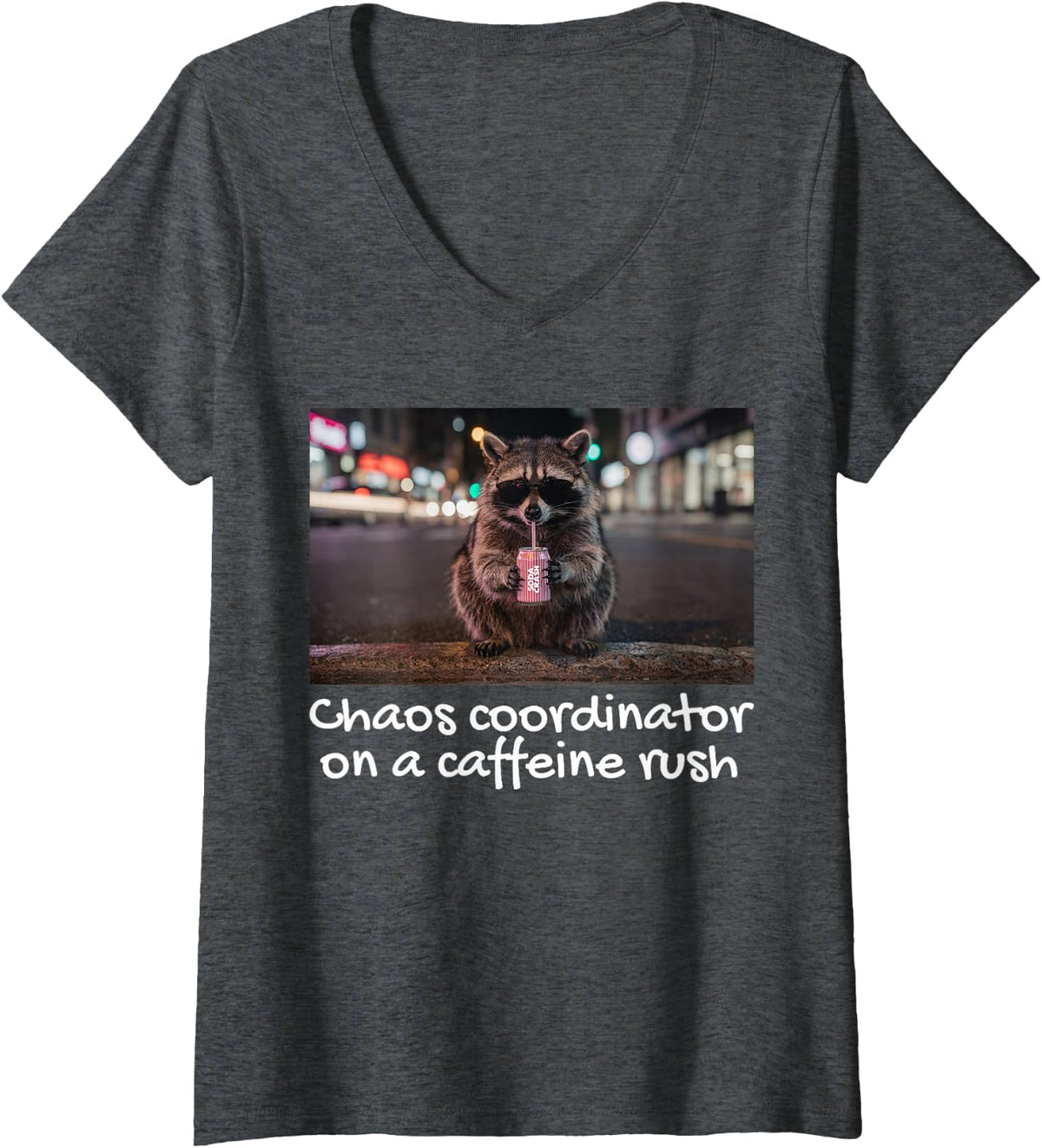 Women's 99% Caffeine 1% Trash Panda Funny Raccoon V-Neck T-Shirt - Dark Heather Grey