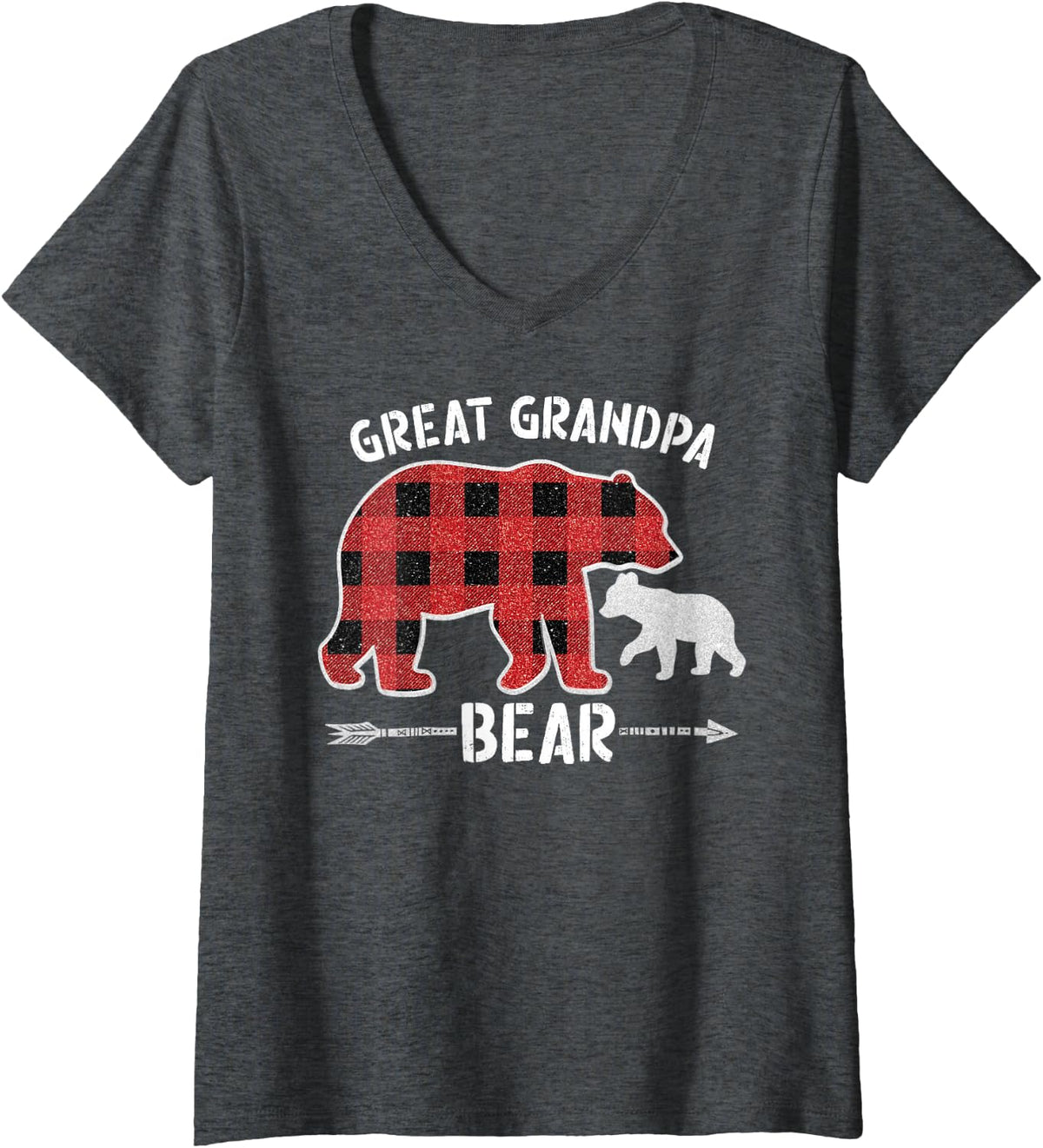 Women's Red Plaid Great Grandpa Bear Buffalo Christmas Pajama Family V-Neck T-Shirt - Dark Heather Grey