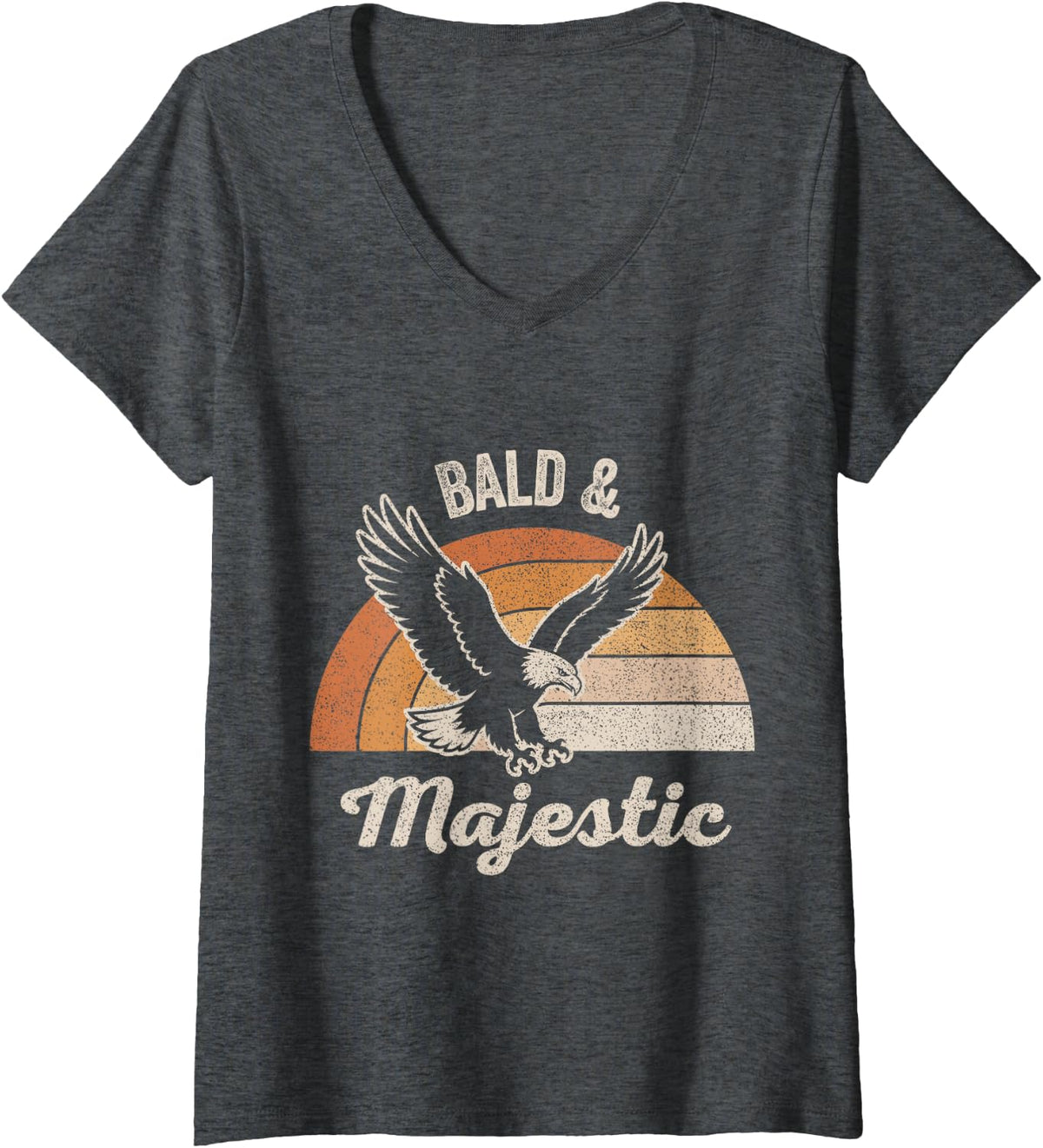 Women's Bald & Majestic Funny Eagle Retro Sunset Graphic V-Neck T-Shirt - Dark Heather Grey