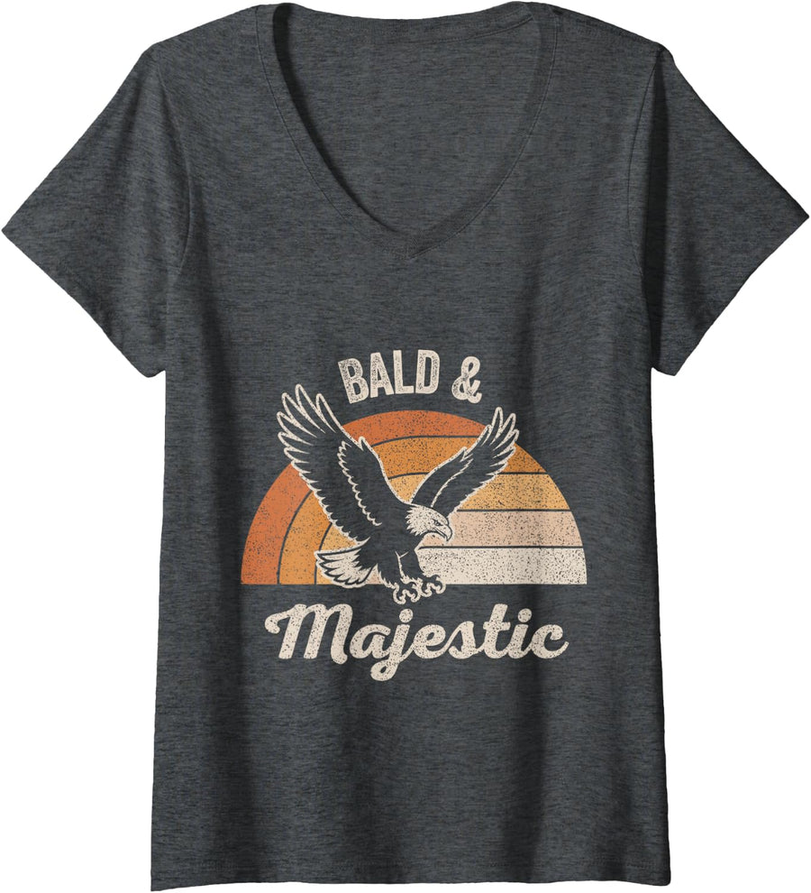 Women's Bald & Majestic Funny Eagle Retro Sunset Graphic V-Neck T-Shirt - Dark Heather Grey
