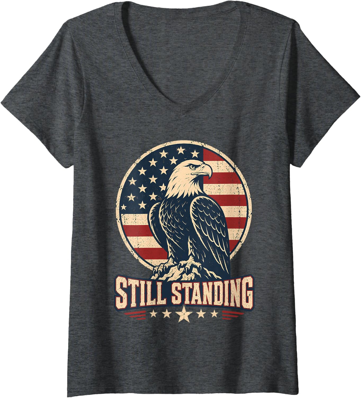 Women's American Bald Eagle Still Standing Flag Vintage V-Neck T-Shirt - Dark Heather Grey