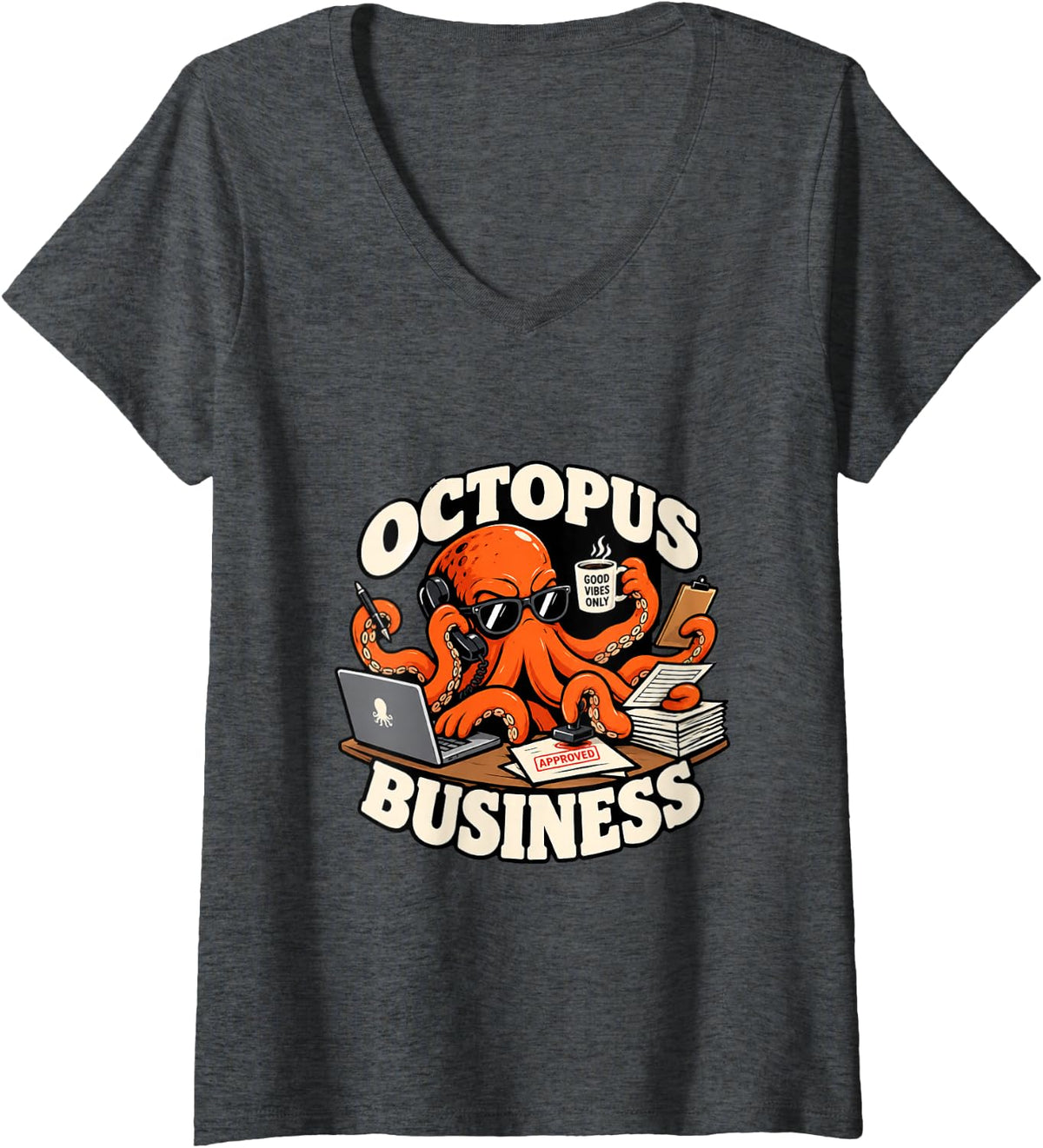 Women's Octopus Business Office Humor Funny Squid Leaving Gift V-Neck T-Shirt - Dark Heather Grey