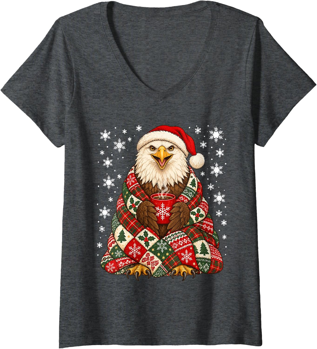Women's Christmas Bald Eagle with Coffee Snowflakes Winter Animal V-Neck T-Shirt - Dark Heather Grey