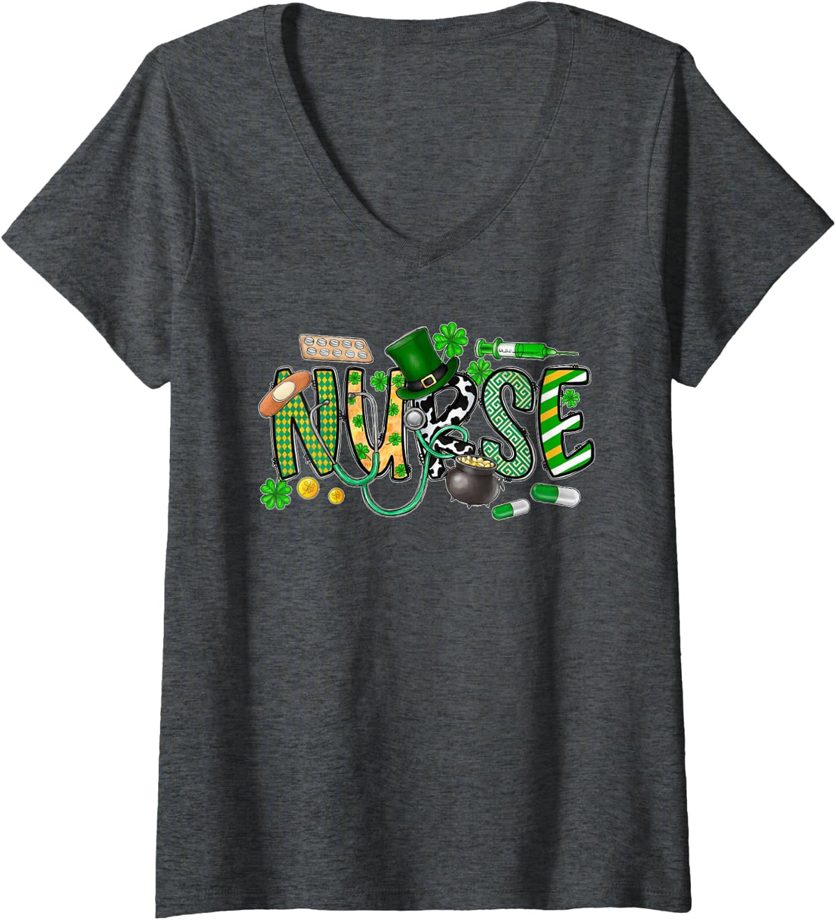 Women's Irish Nurse Stethoscope Scrub St Patricks Day Nurses Women V-Neck T-Shirt - Dark Heather Grey