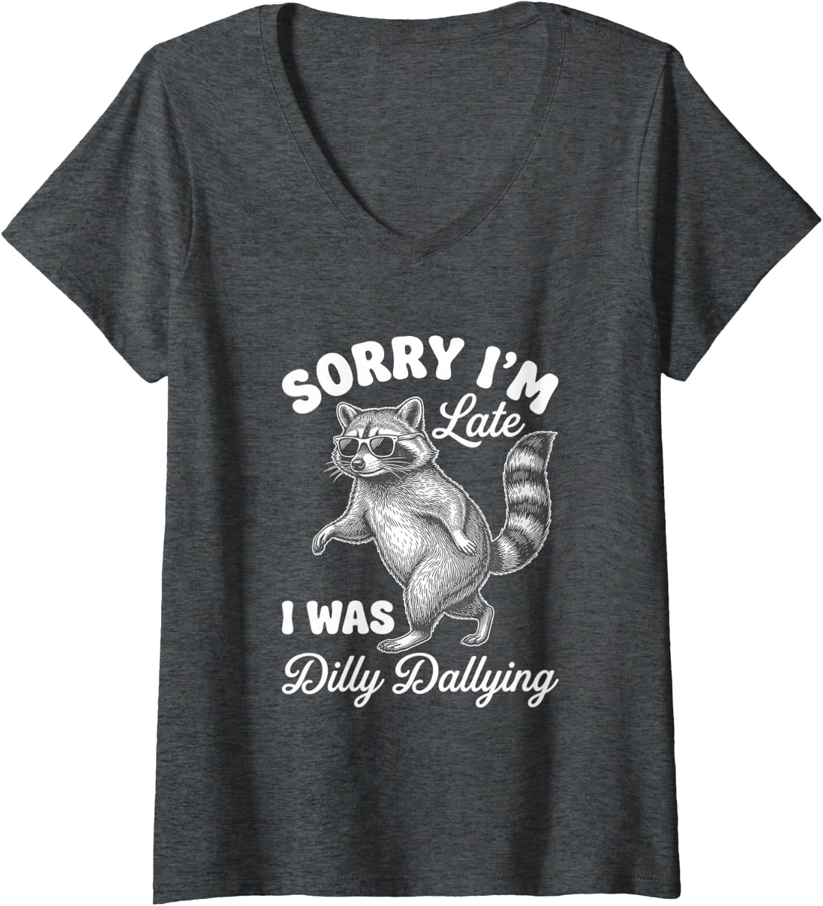 Women's Sorry I'm Late I was Dilly Dallying Funny Raccoon Meme V-Neck T-Shirt - Dark Heather Grey