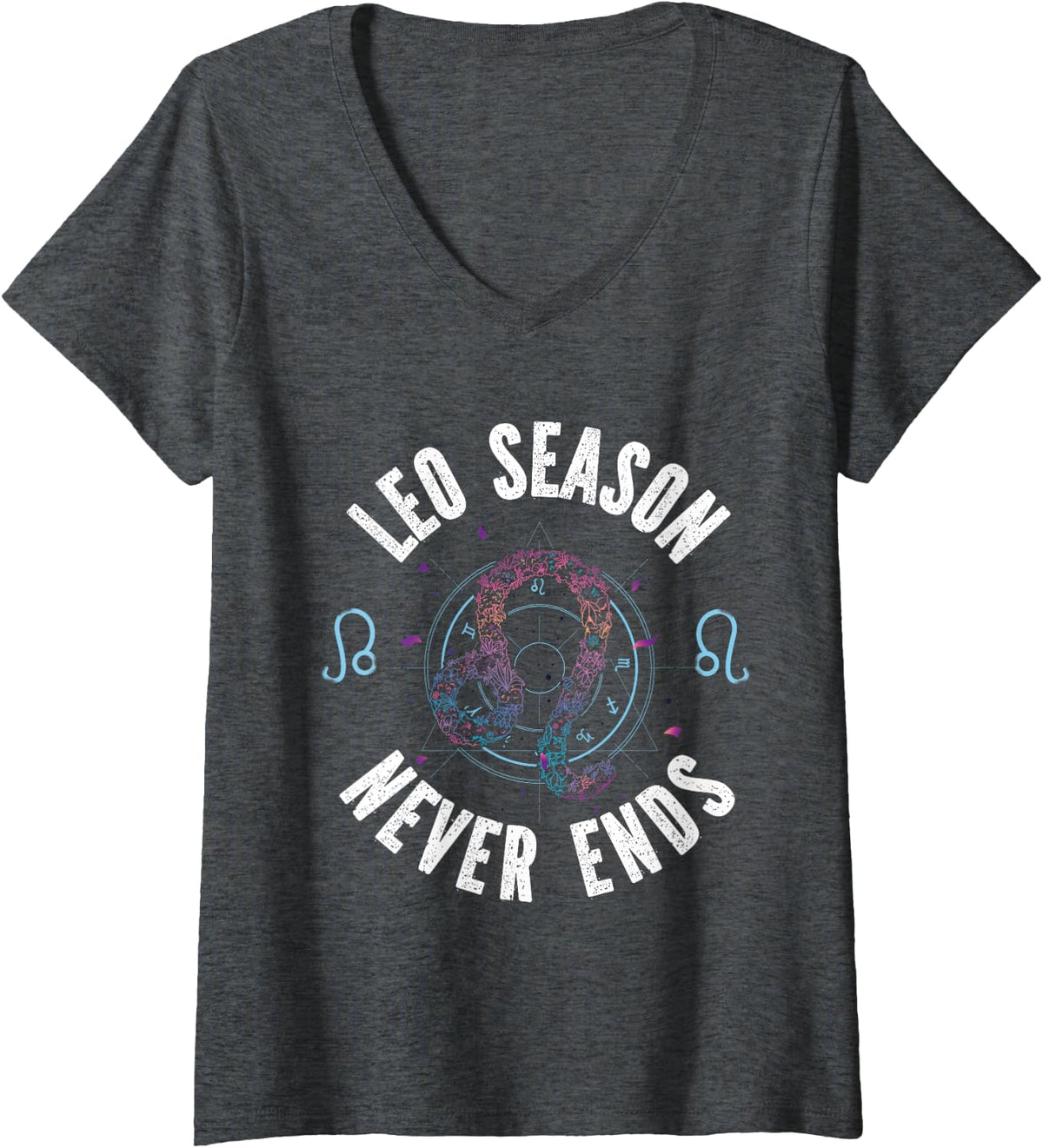 Women's Leo Zodiac: Leo Season Never Ends V-Neck T-Shirt - Dark Heather Grey