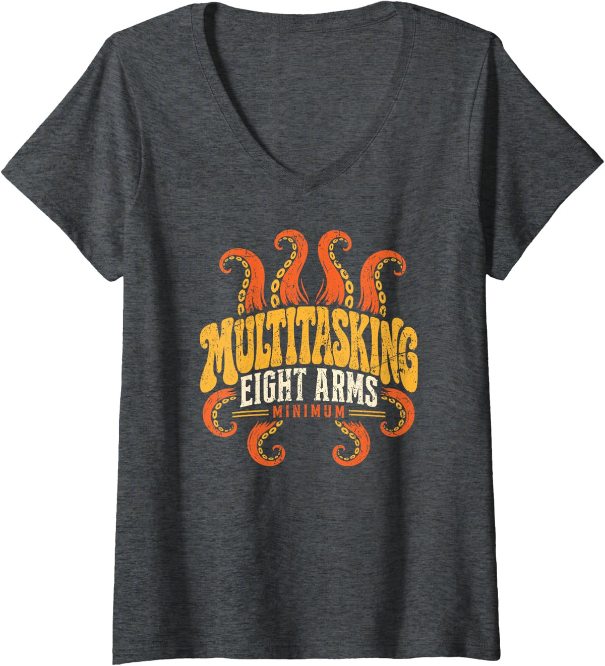 Women's Multitasking Eight Arms Minimum Octopus Funny V-Neck T-Shirt - Dark Heather Grey