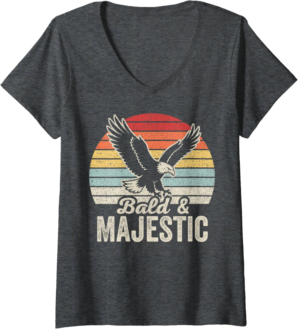 Women's Bald & Majestic Funny Eagle Retro Vintage Sunset Graphic V-Neck T-Shirt - Dark Heather Grey