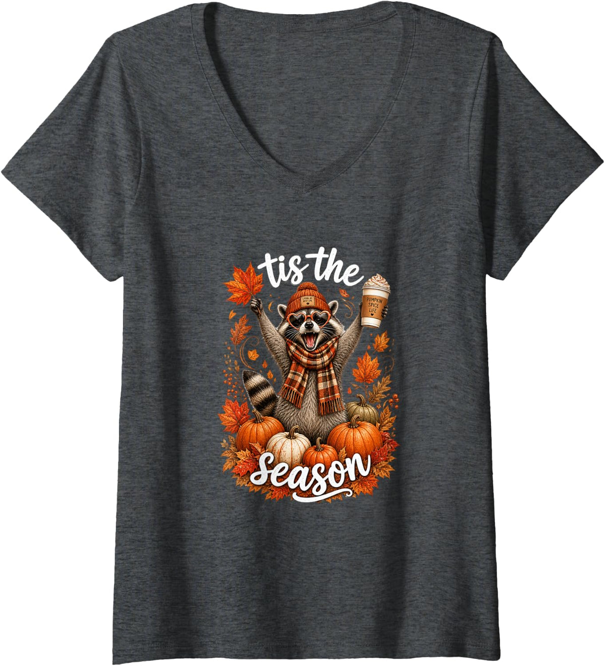 Women's Tis the Season Trash Panda Fall Raccoon Latte V-Neck T-Shirt - Dark Heather Grey