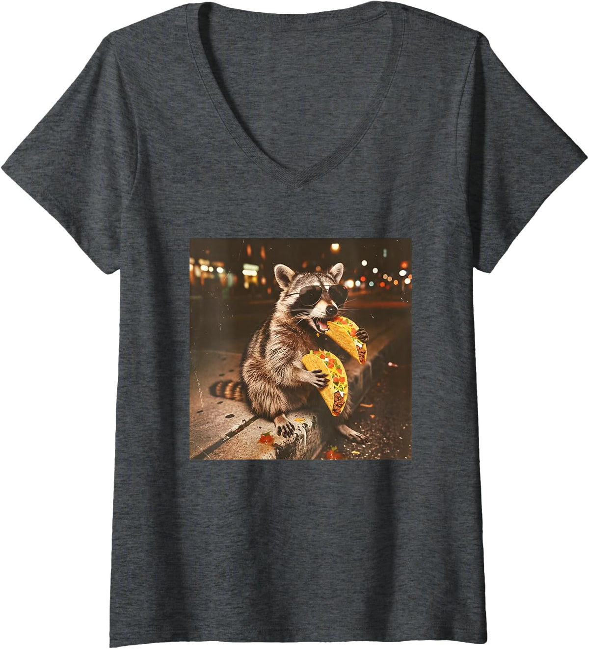 Women's Funny Raccoons Eating Taco Meme Trash Panda Food V-Neck T-Shirt - Dark Heather Grey
