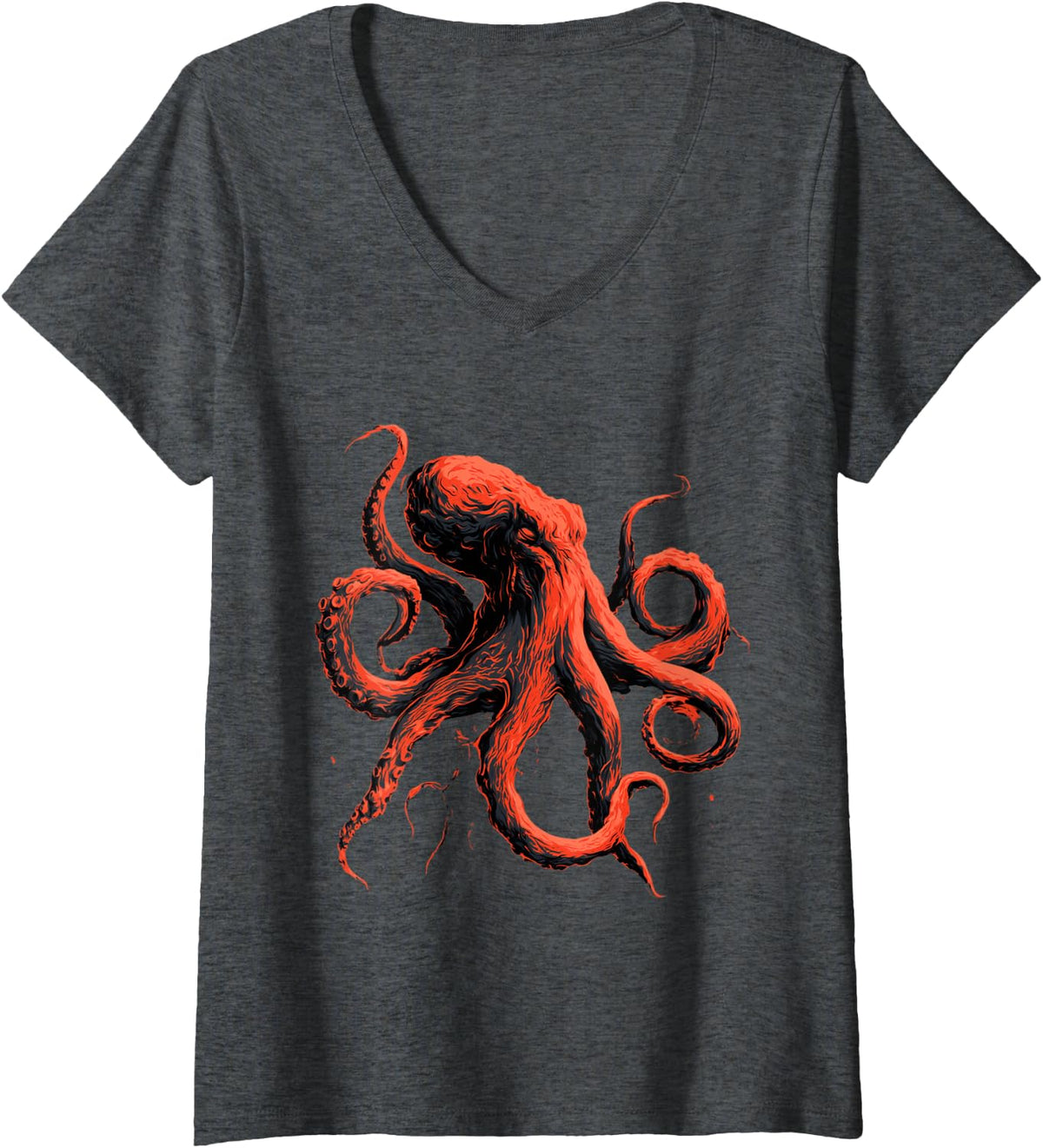 Women's Vintage Red Octopus Deep Sea Kraken Ocean Design V-Neck T-Shirt - Dark Heather Grey