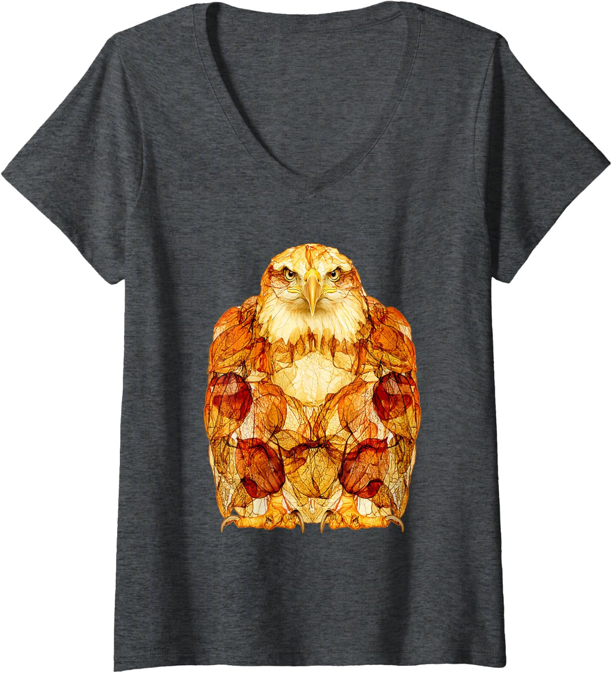 Women's Bald Eagle with Autumn Leaves Artistic Fall Bird Art V-Neck T-Shirt - Dark Heather Grey