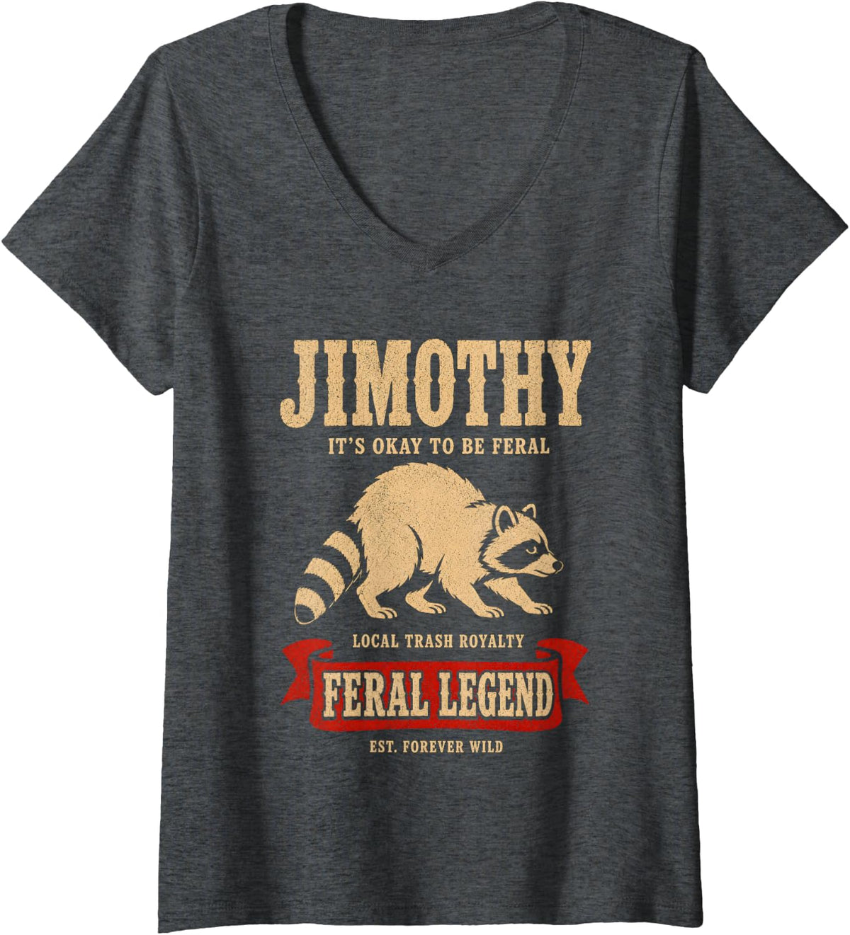 Women's Jimothy Wild Raccoon Meme Funny Trash Panda Feral Retro Fan V-Neck T-Shirt - Dark Heather Grey