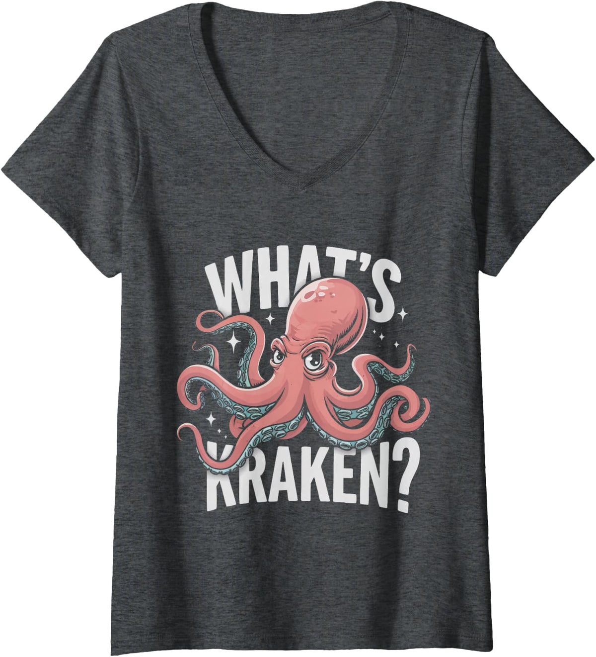 Womens Octopus What's Kraken V-Neck T-Shirt - Dark Heather Grey