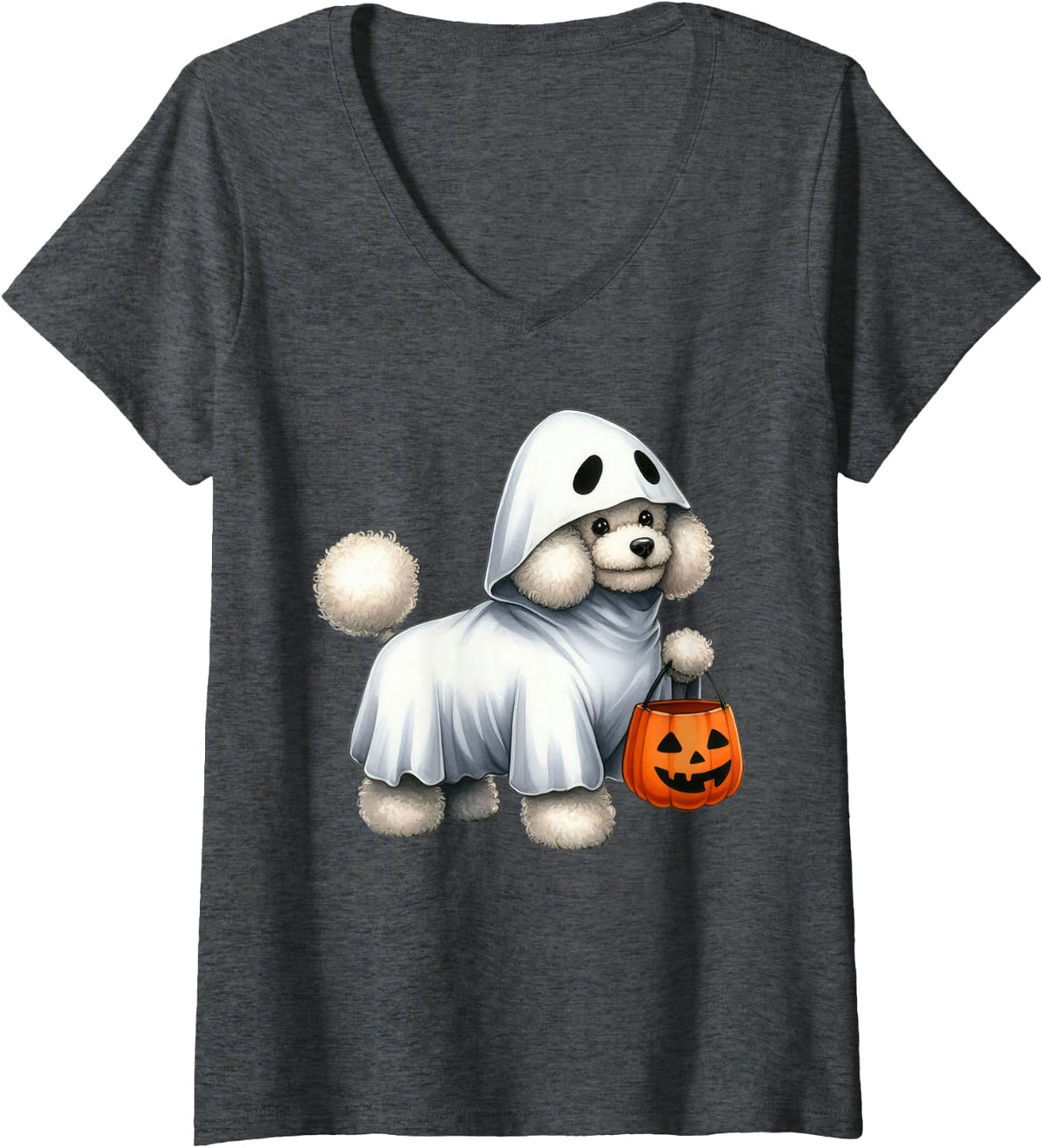 Womens Poodle Dog Halloween Costume Ghost White Poodle Pumpkin V-Neck T-Shirt - Dark Heather Grey