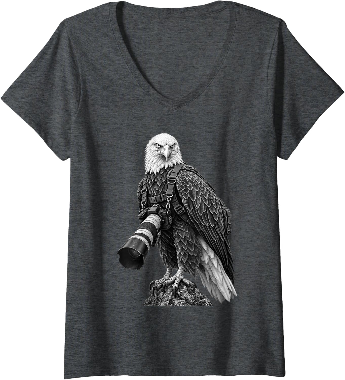 Women's Bald Eagle Photographer with Camera V-Neck T-Shirt - Dark Heather Grey