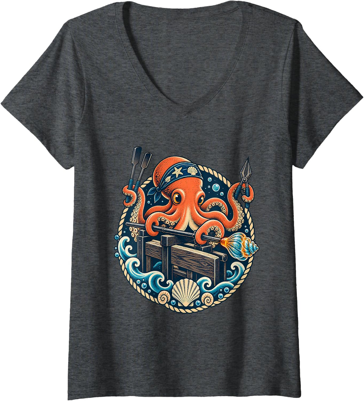 Women's Octopus Glass Blowing Hot Glass Artist V-Neck T-Shirt - Dark Heather Grey