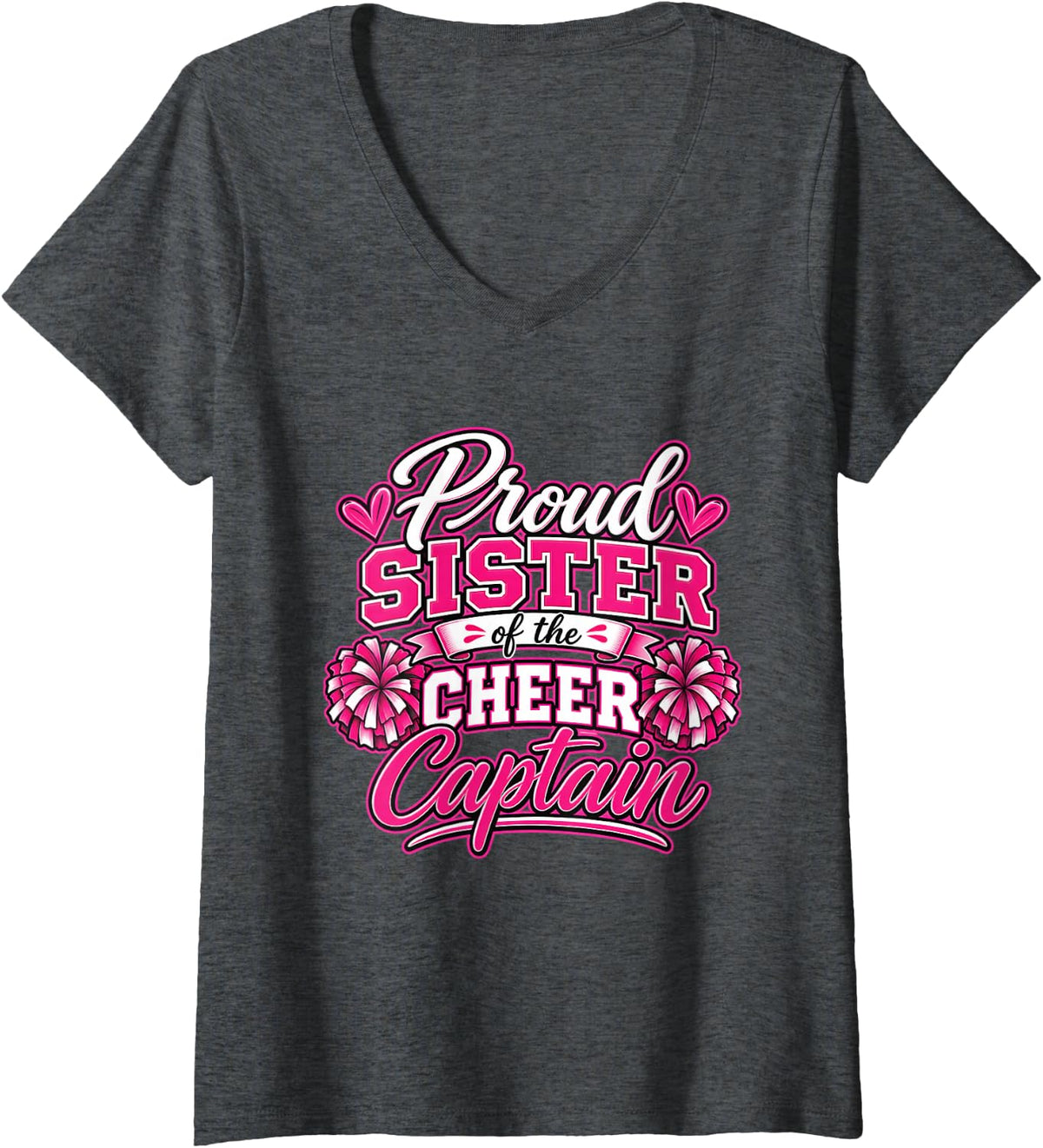 Women's Proud Sister of the Cheer Captain Pink White V-Neck T-Shirt - Dark Heather Grey