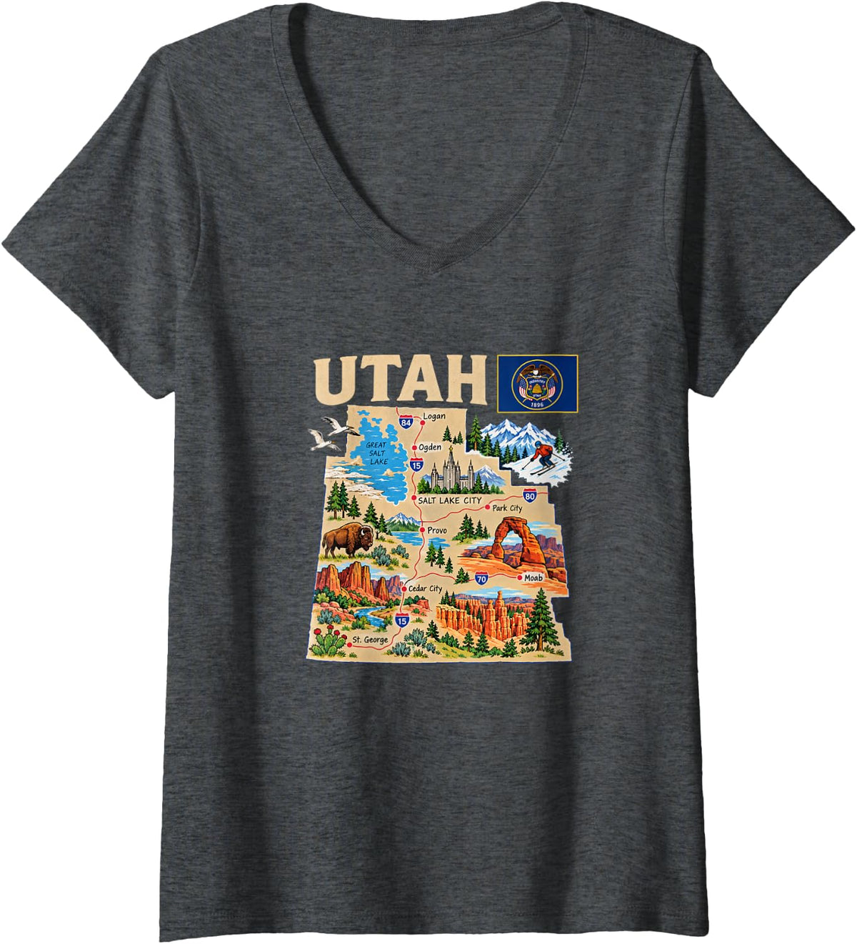 Women's Utah National Park State Souvenir Travel Reminder Utahn Map V-Neck T-Shirt - Dark Heather Grey