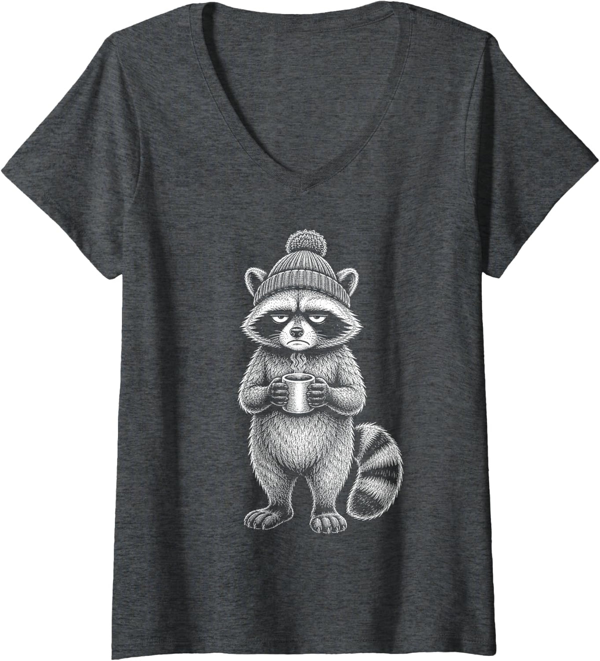 Women's Grumpy Raccoon Drinking Coffee Lover Funny Trash Panda V-Neck T-Shirt - Dark Heather Grey