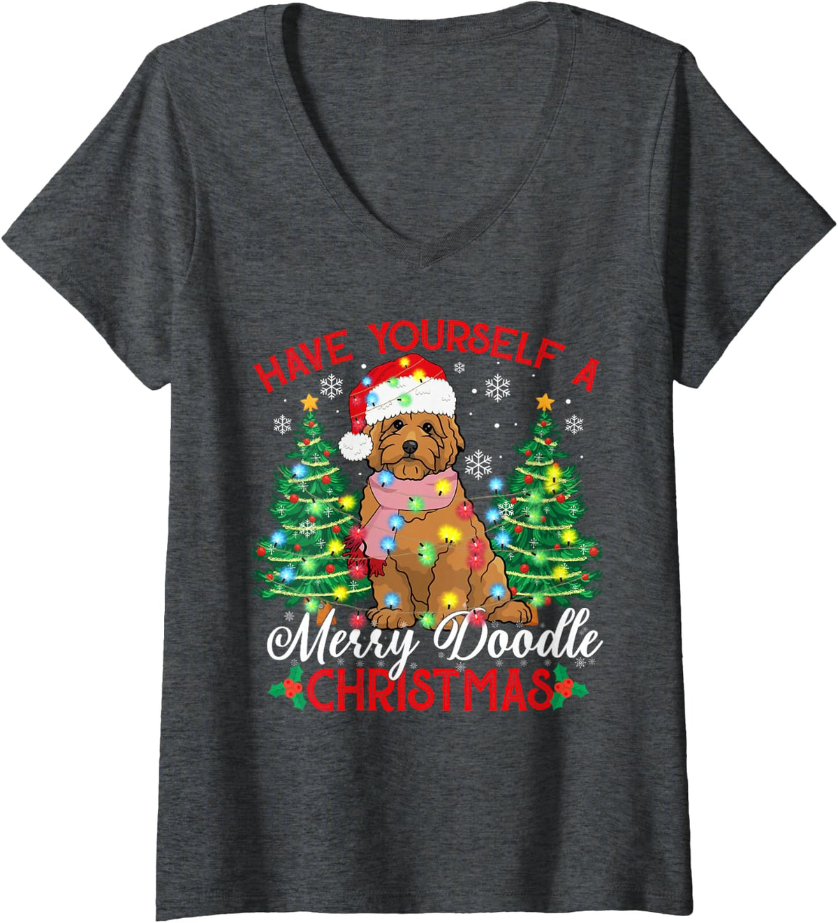 Women's Cute Merry Doodle Dog Christmas Xmas Gifts V-Neck T-Shirt - Dark Heather Grey