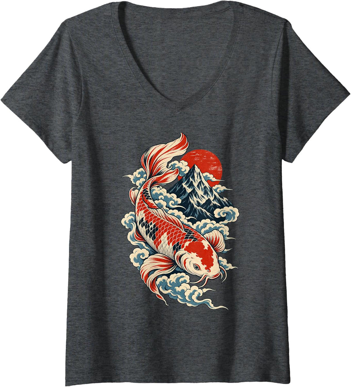 Women's Koi Fish Mountain Red Sun Vintage Japanese Style Art V-Neck T-Shirt - Dark Heather Grey