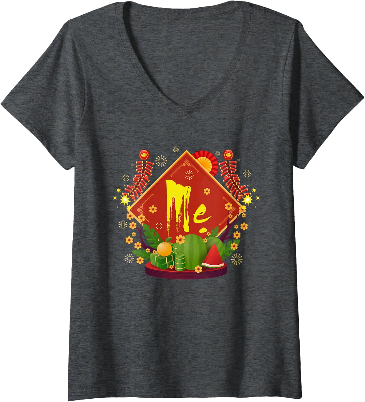 Women's Happy Vietnamese New Year TET Holiday Matching Family Mom V-Neck T-Shirt - Dark Heather Grey
