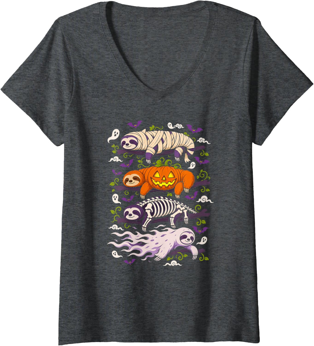 Women's Halloween Sloth Mummy Pumpkin Skeleton Ghost V-Neck T-Shirt - Dark Heather Grey