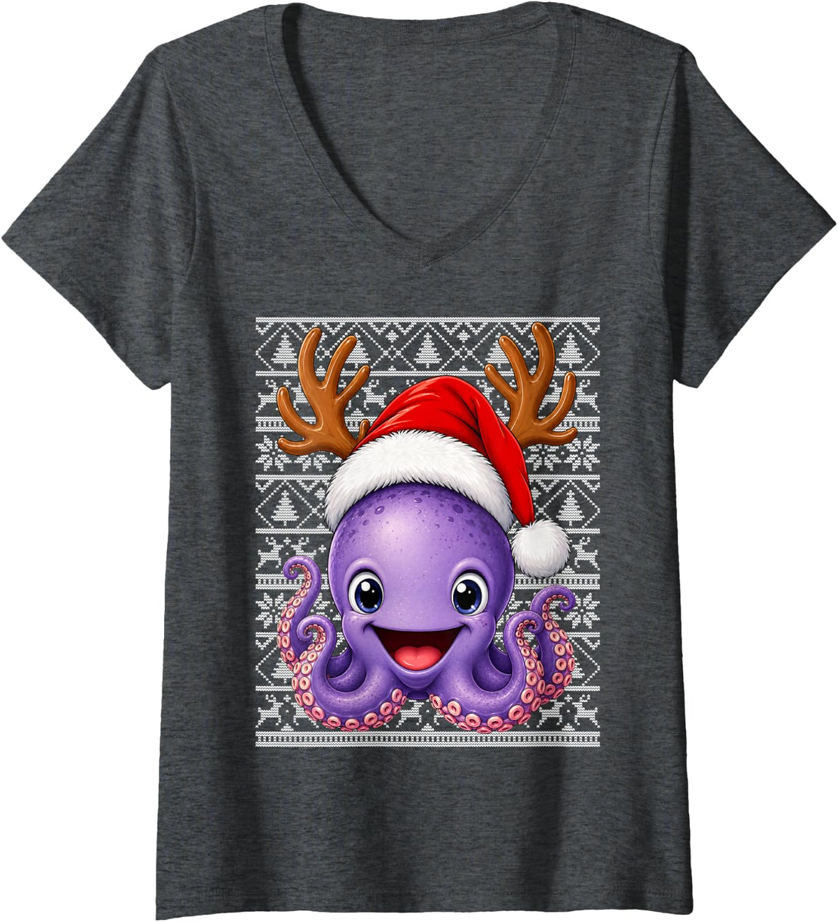 Women's Octopus Christmas Santa Hat Ugly Sweaters Octopus Xmas V-Neck T-Shirt - Dark Heather Grey