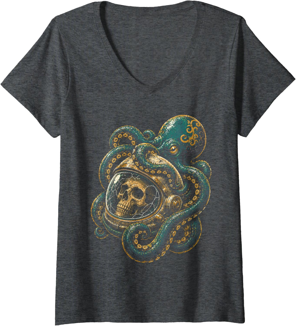 Women's Octopus Skulls Astronaut Deep Sea Space Halloween Kraken V-Neck T-Shirt - Dark Heather Grey