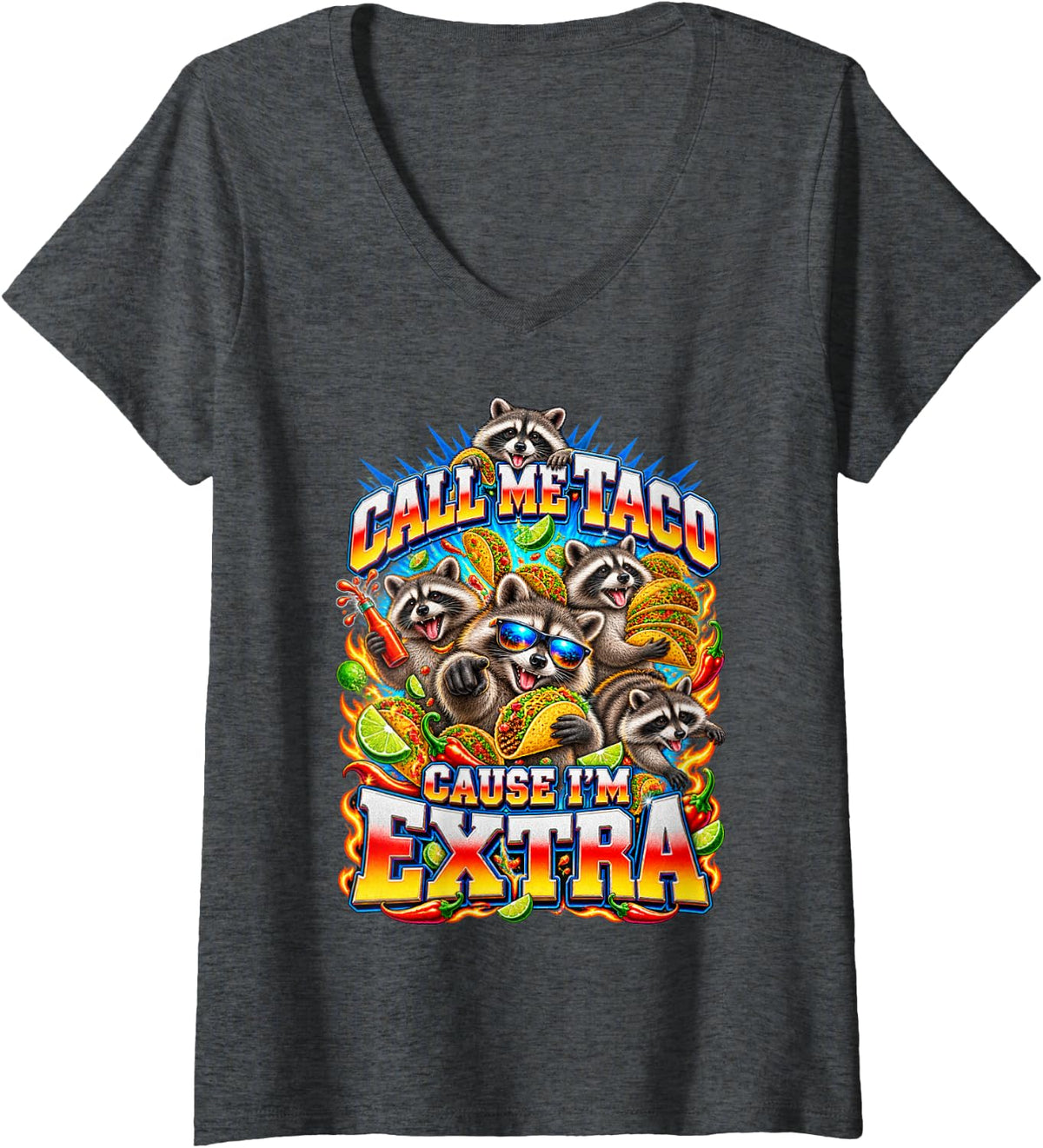 Women's Funny Raccoon Call Me Taco Cause I'm Extra Bootleg Raccoons V-Neck T-Shirt - Dark Heather Grey