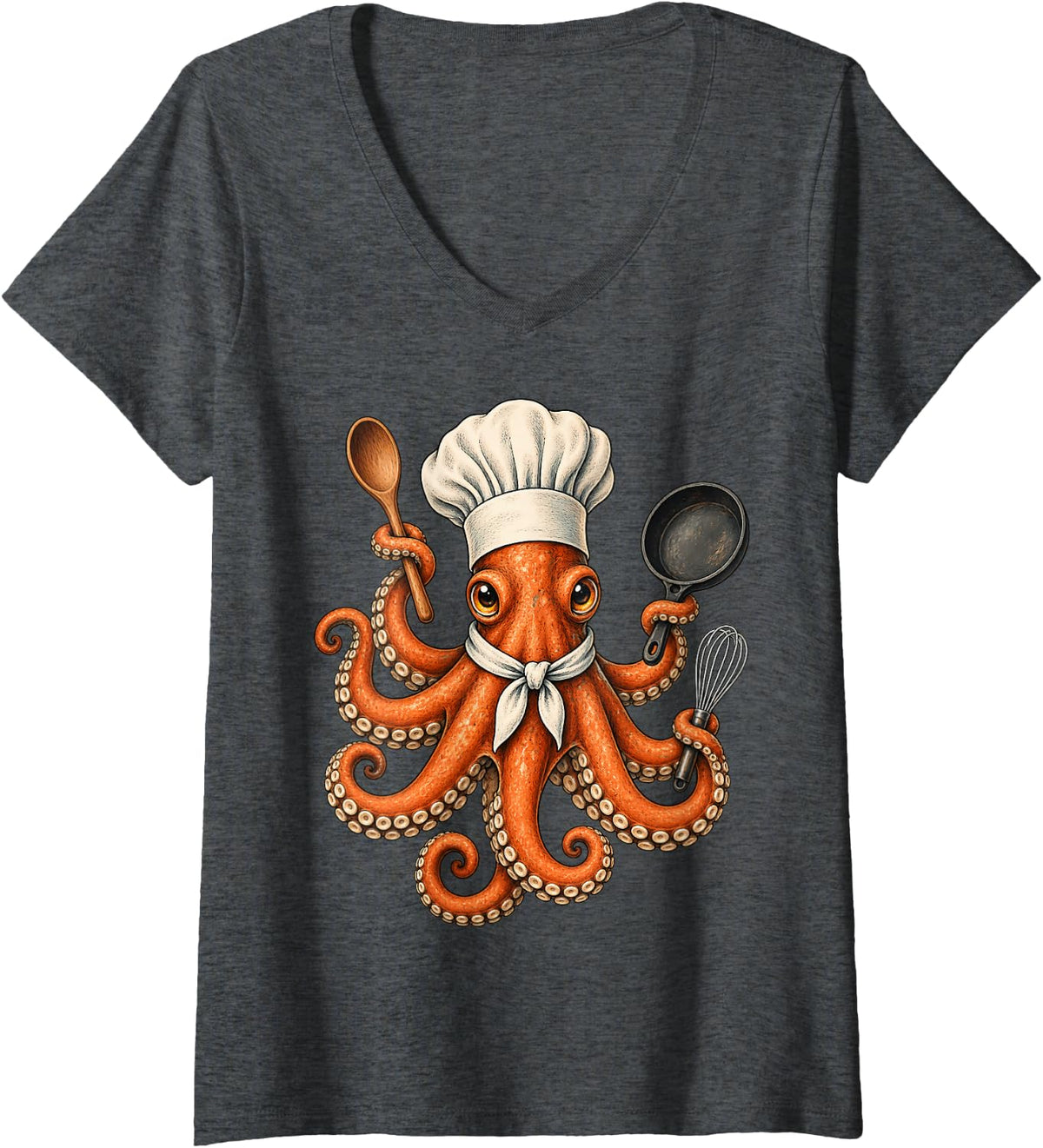 Women's Chef Octopus Cooking Kitchen Culinary Seafood Cook V-Neck T-Shirt - Dark Heather Grey