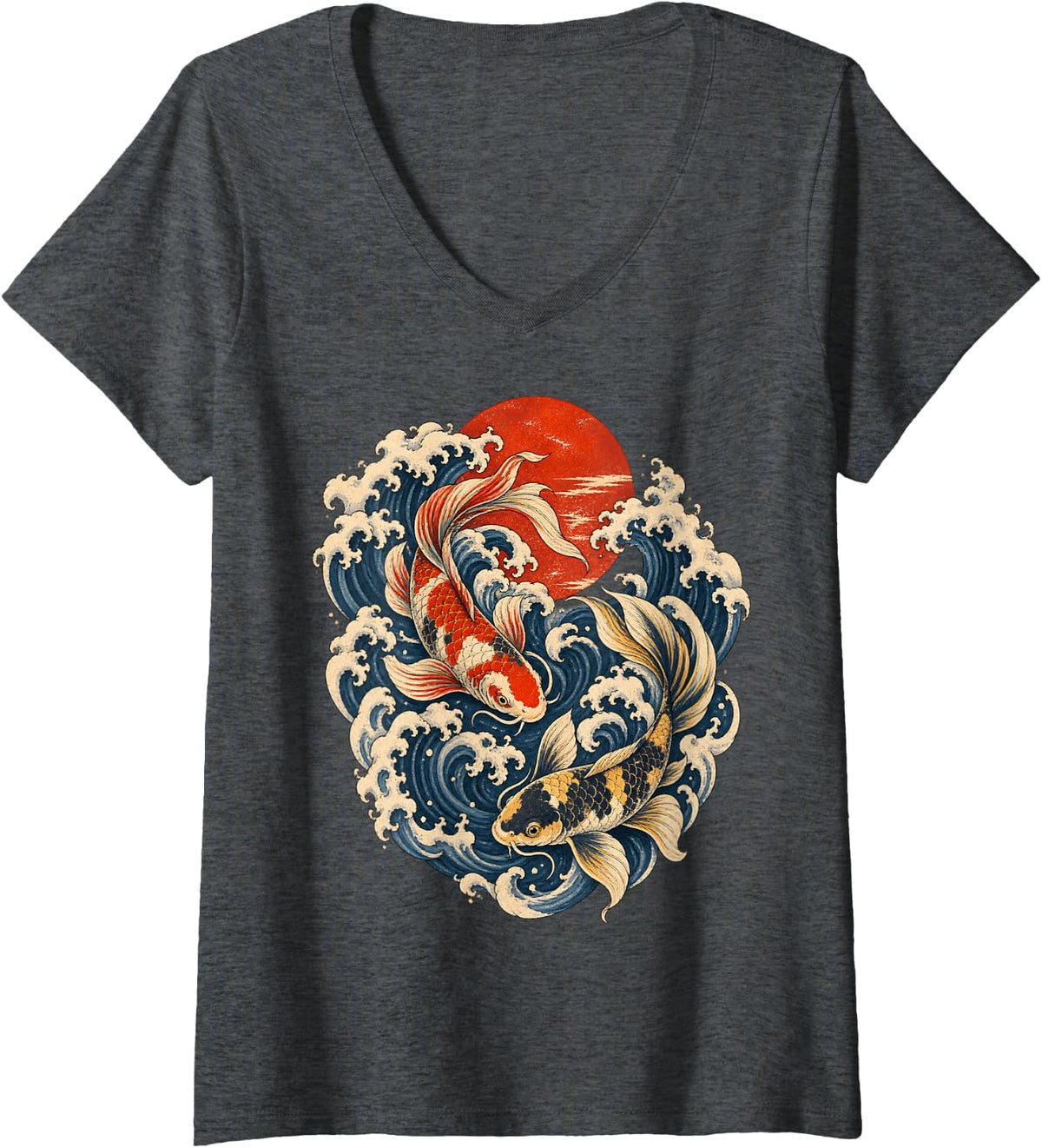 Women's Koi Fish Waves Japanese Ukiyo E Ocean Pond Art V-Neck T-Shirt - Dark Heather Grey