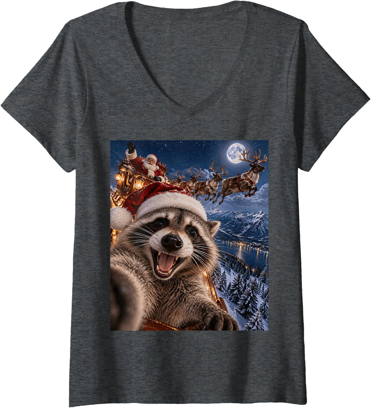 Women's Funny Raccoon Selfie Plush Santa Hat Flying Reindeer Sleigh V-Neck T-Shirt - Dark Heather Grey