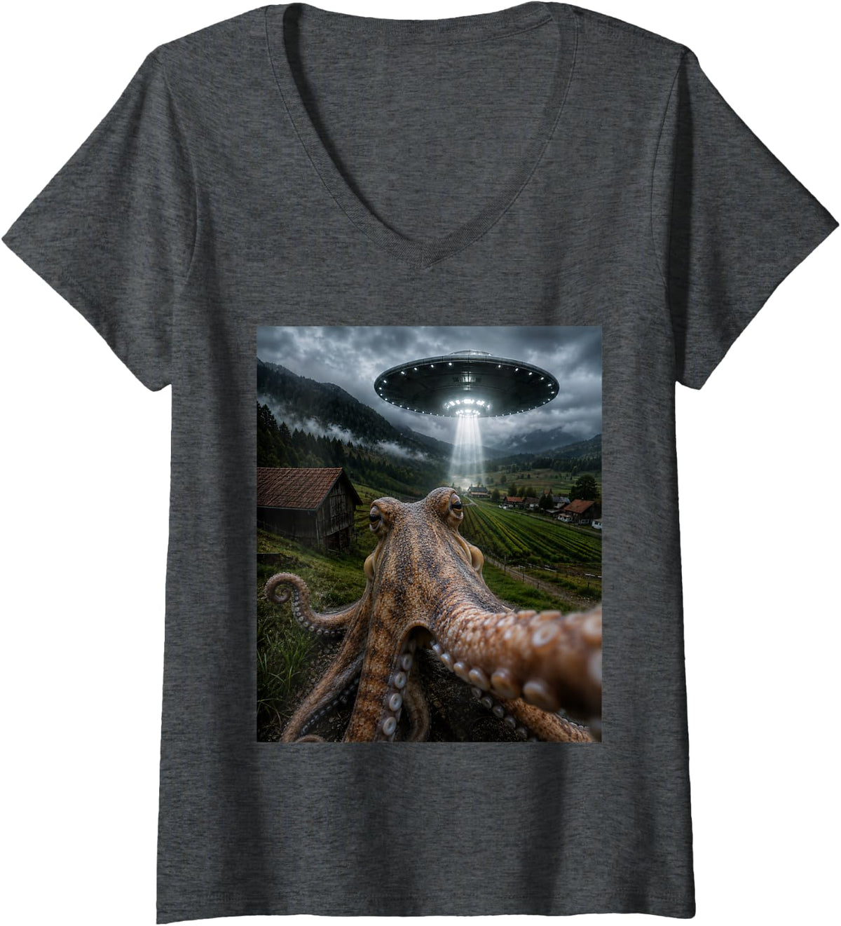 Women's Octopus Selfie with Alien UFO Funny Meme V-Neck T-Shirt - Dark Heather Grey