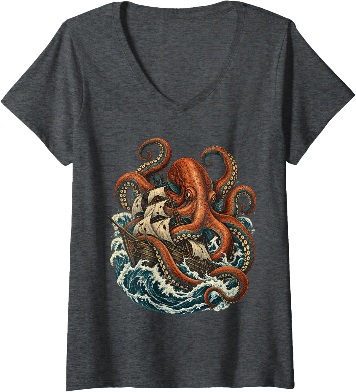 Women's Pirate Ship Kraken Octopus Sea Monster Ocean Art V-Neck T-Shirt - Dark Heather Grey