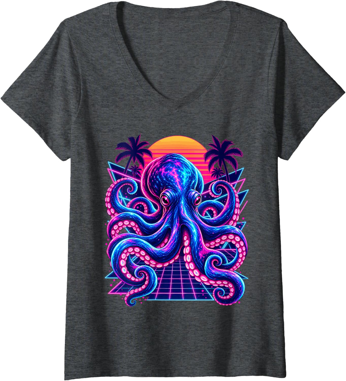 Women's Retrowave Synthwave Octopus Vaporwave Ocean Animal V-Neck T-Shirt - Dark Heather Grey