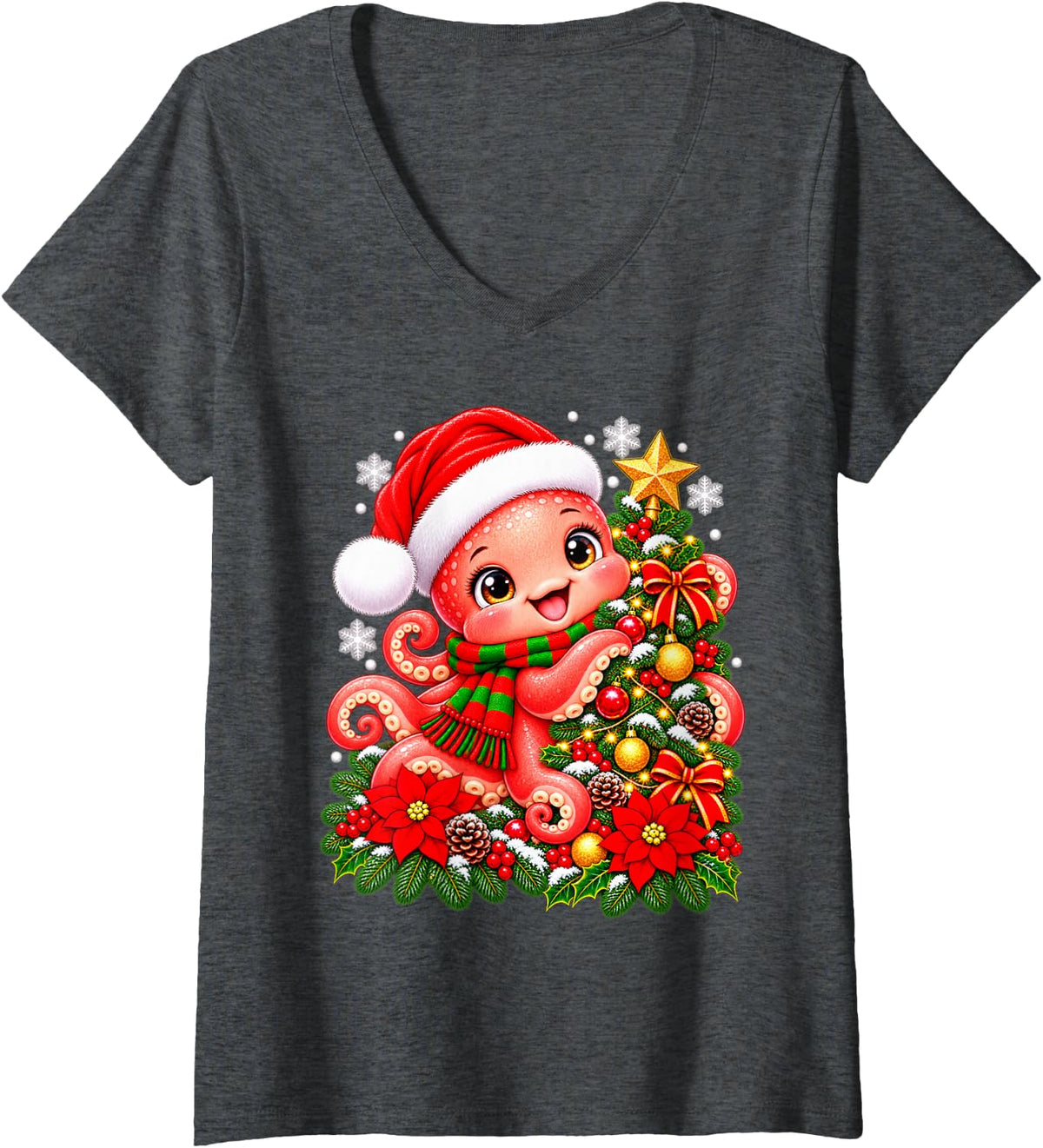 Women's Christmas Tree Octopus Santa Hat Men Women Kids V-Neck T-Shirt - Dark Heather Grey