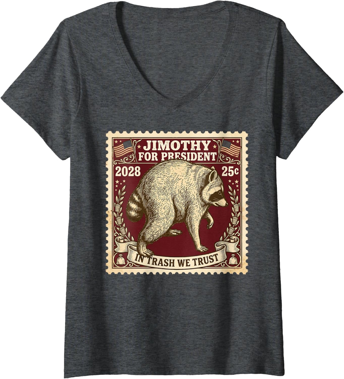Women's Jimothy for President 2028 Raccoon Election Stamp V-Neck T-Shirt - Dark Heather Grey