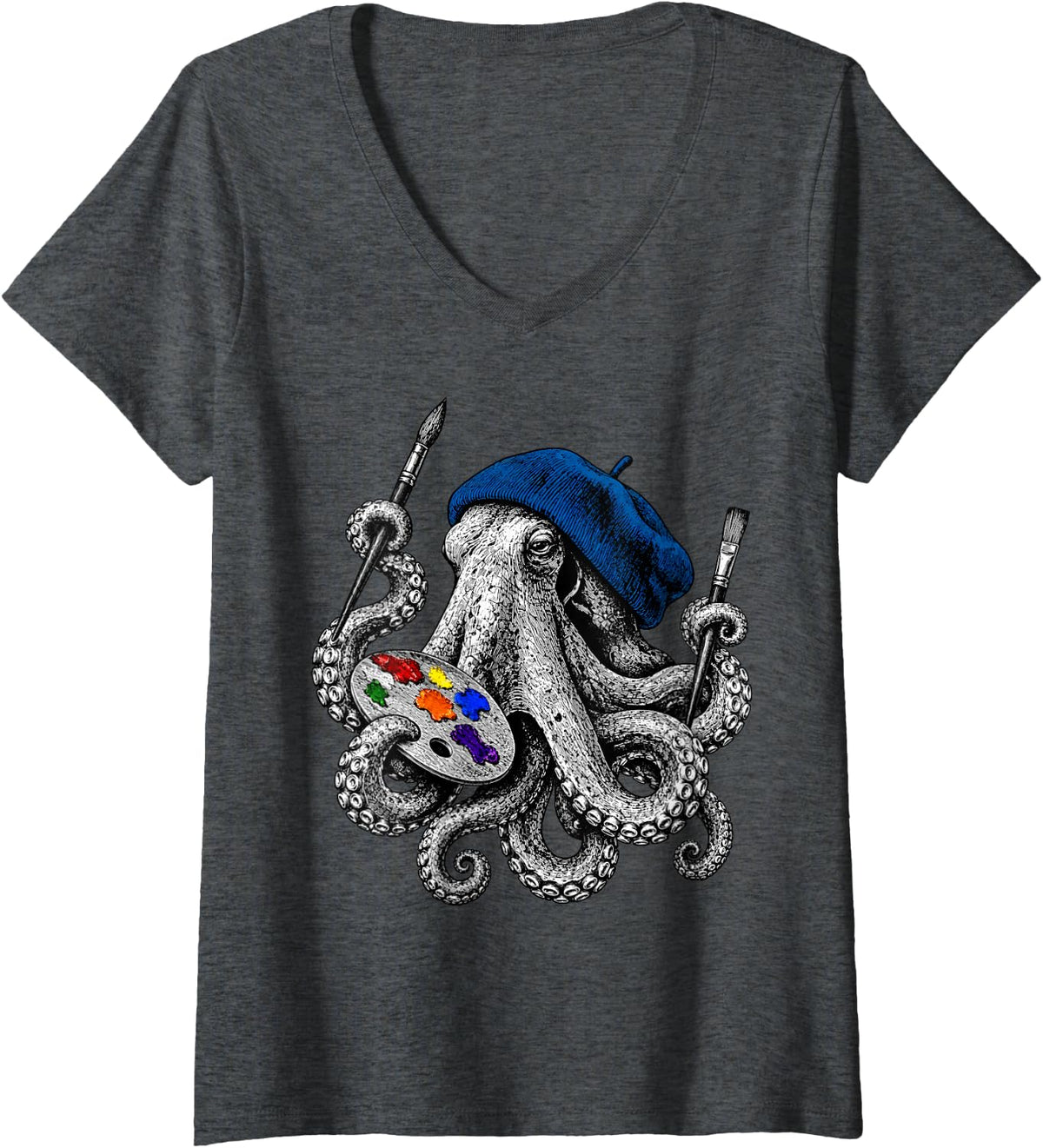 Women's Artist Octopus Painter Beret Palette Brush Art V-Neck T-Shirt - Dark Heather Grey