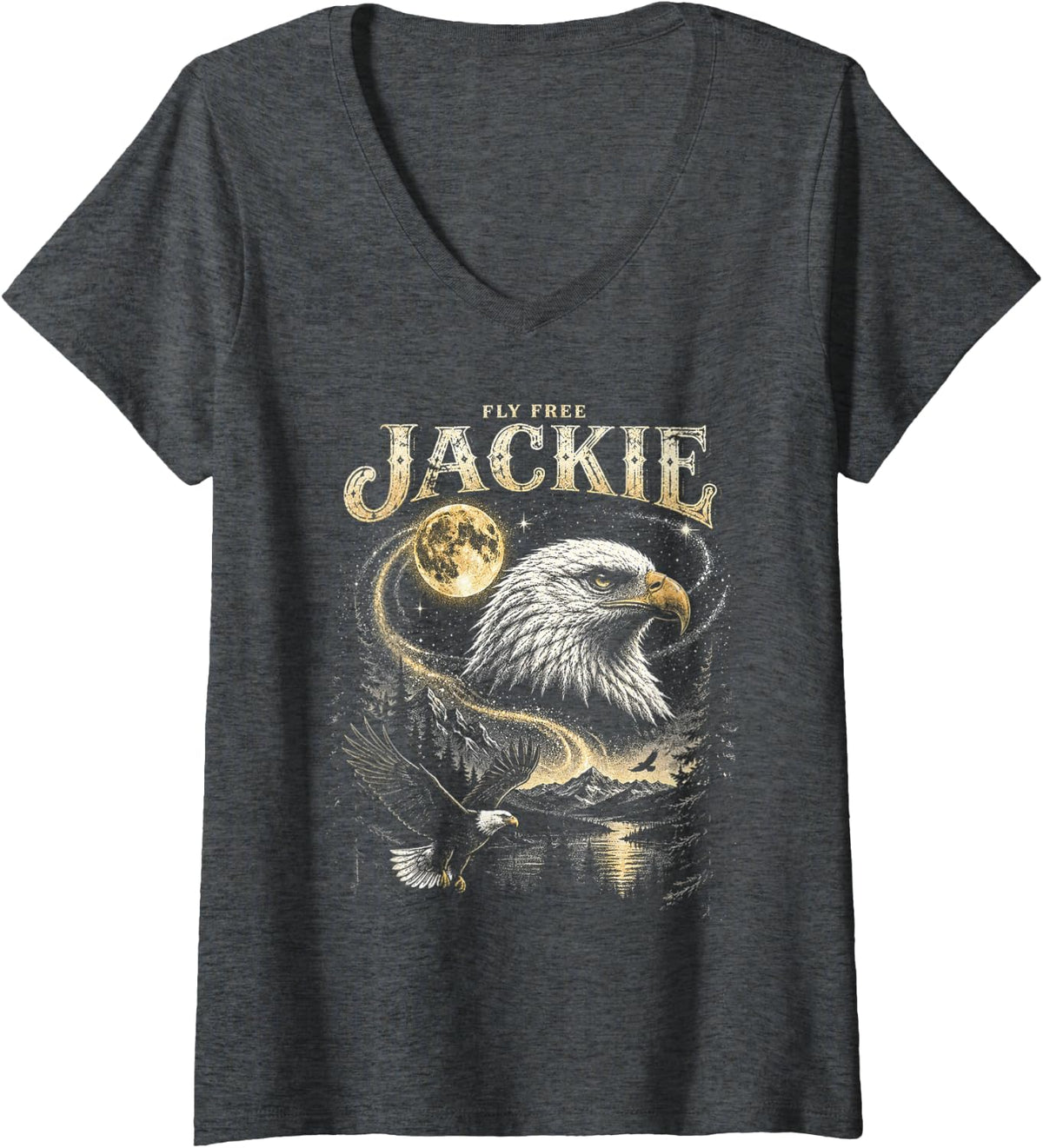 Women's Fly High Jackie Jackie and Shadow Bald Eagle V-Neck T-Shirt - Dark Heather Grey