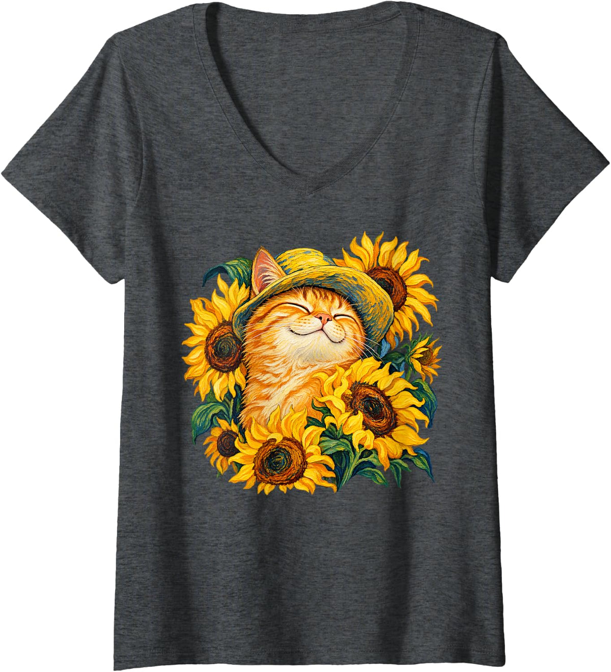 Women's Ginger Cat with Sunflowers Straw Hat Summer Art V-Neck T-Shirt - Dark Heather Grey