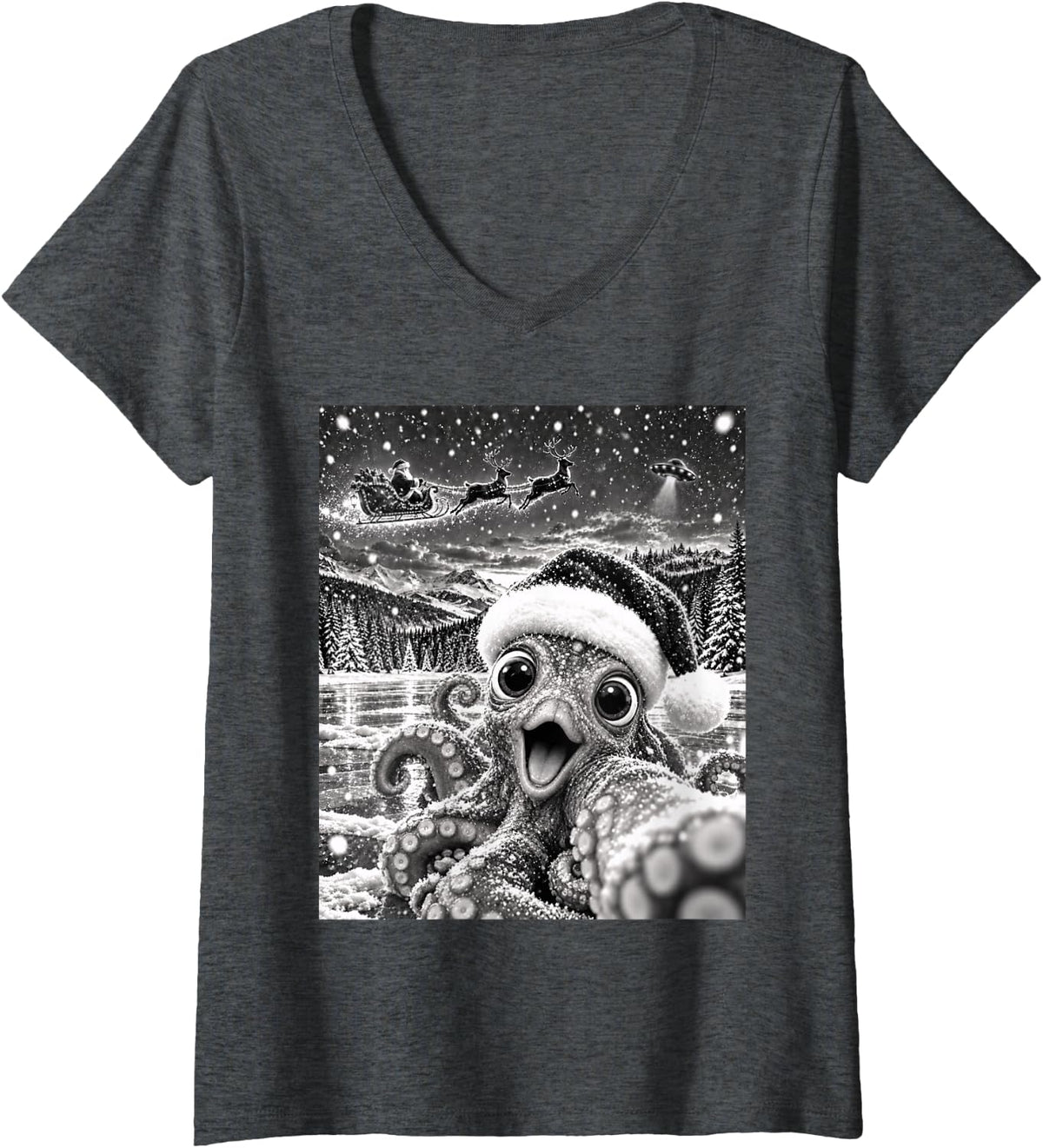 Women's Octopus Selfie with Santa Funny Christmas Men Women Kids V-Neck T-Shirt - Dark Heather Grey