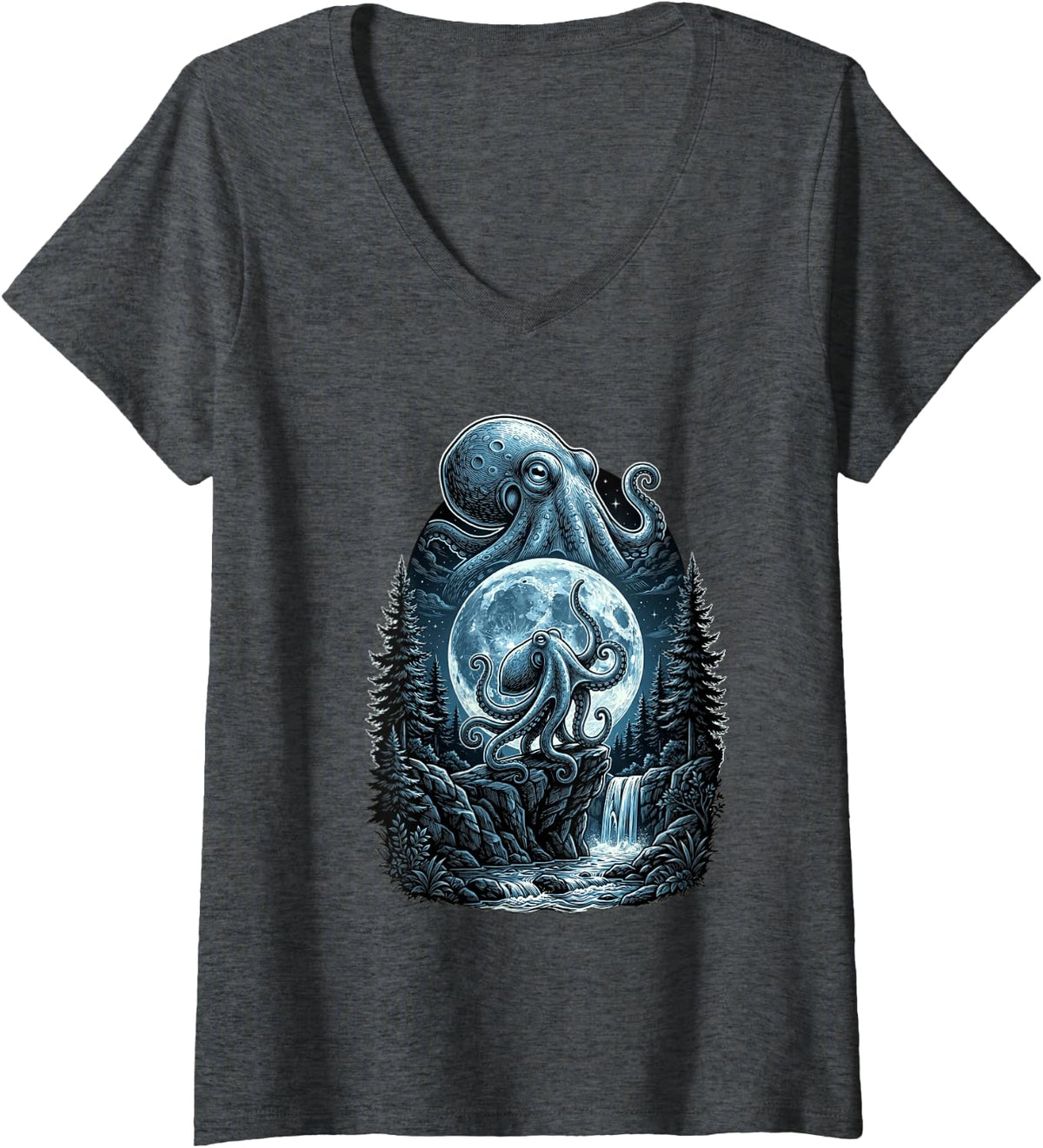 Women's Kraken Octopus Howling to The Moon Funny Meme Lover Men V-Neck T-Shirt - Dark Heather Grey