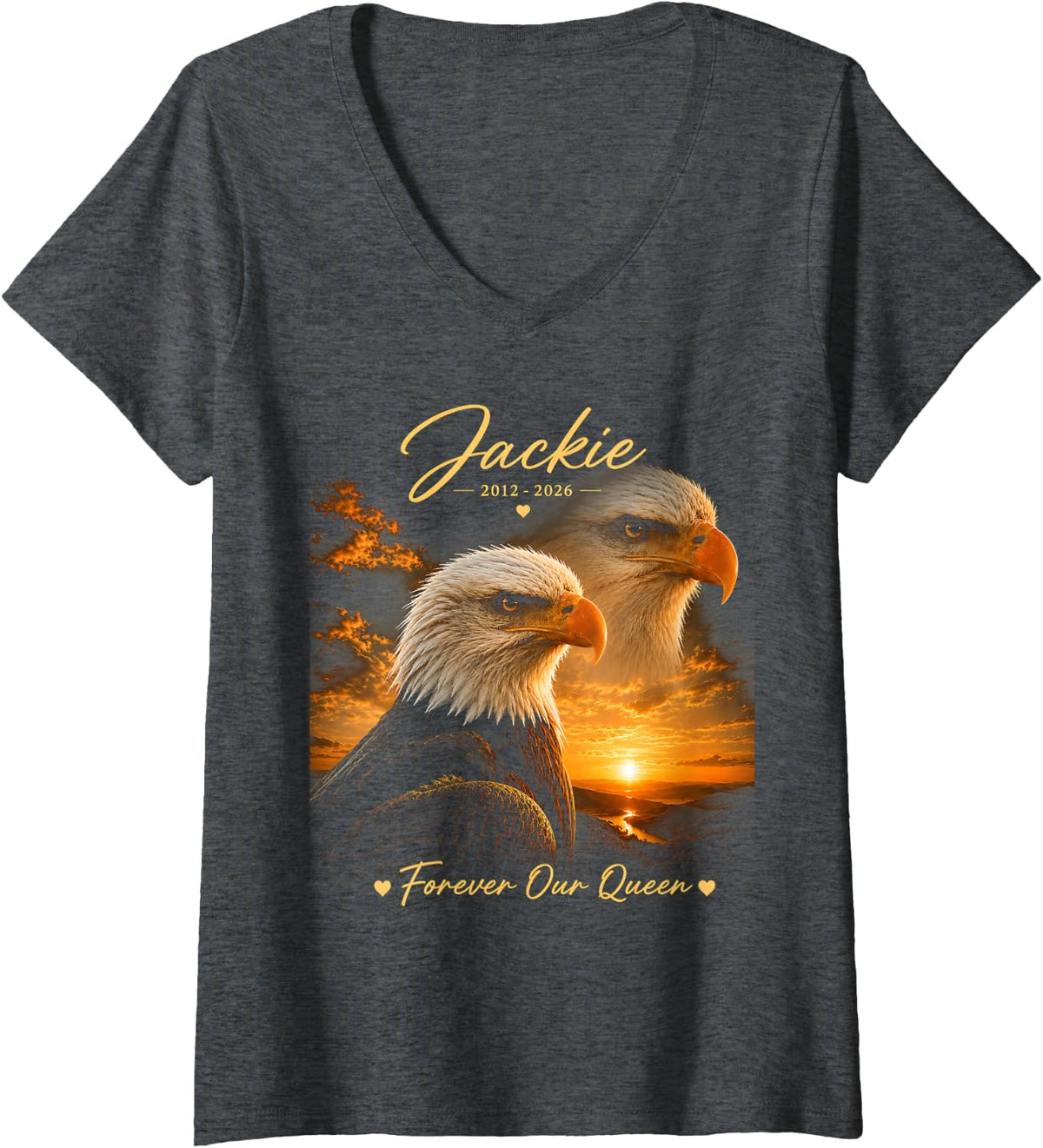 Women's Vintage Jackie Forever Our Queen Bald Eagle Memorial Tribute V-Neck T-Shirt - Dark Heather Grey