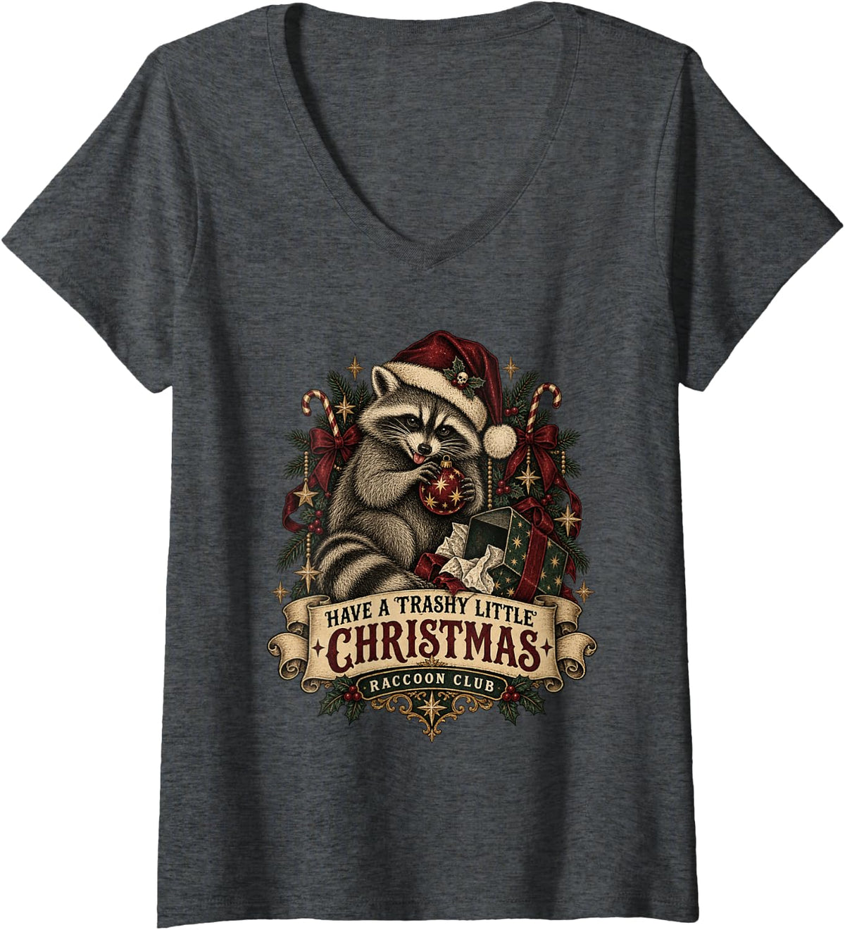 Women's Have A Trashy Little Christmas Raccoon Funny Xmas V-Neck T-Shirt - Dark Heather Grey