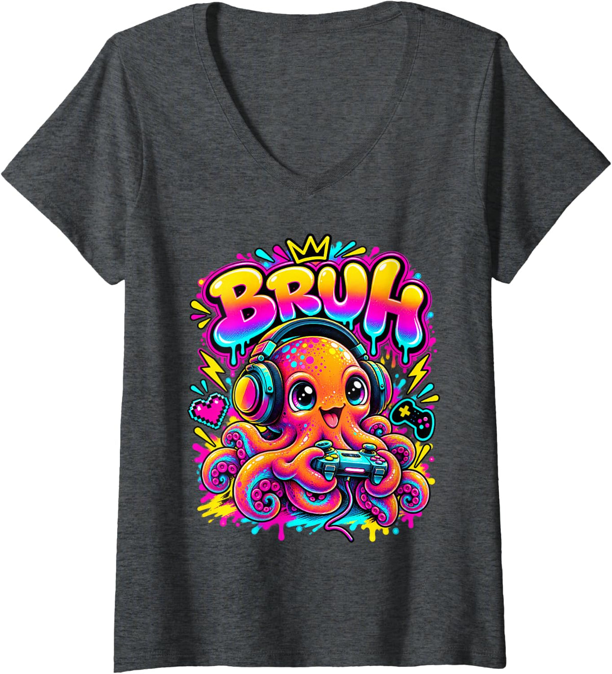 Women's Bruh Octopus Funny Video Games Boys Animal Lover V-Neck T-Shirt - Dark Heather Grey
