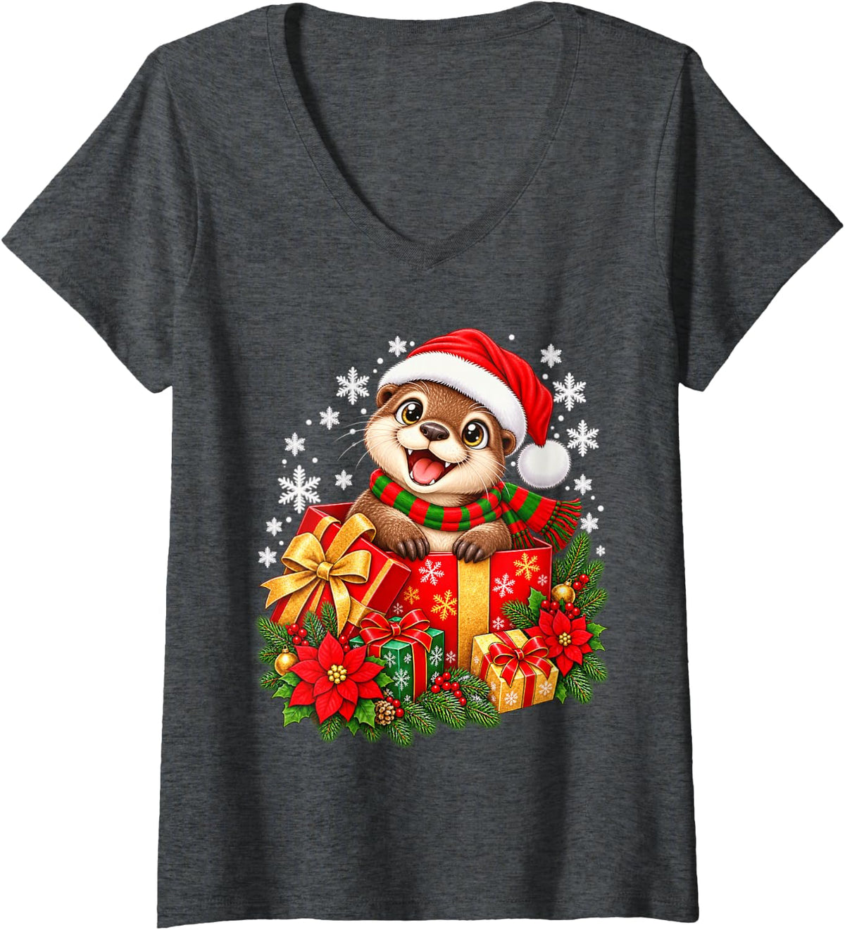 Women's Cute Christmas Octopus Santa Hat Winter Holiday V-Neck T-Shirt - Dark Heather Grey
