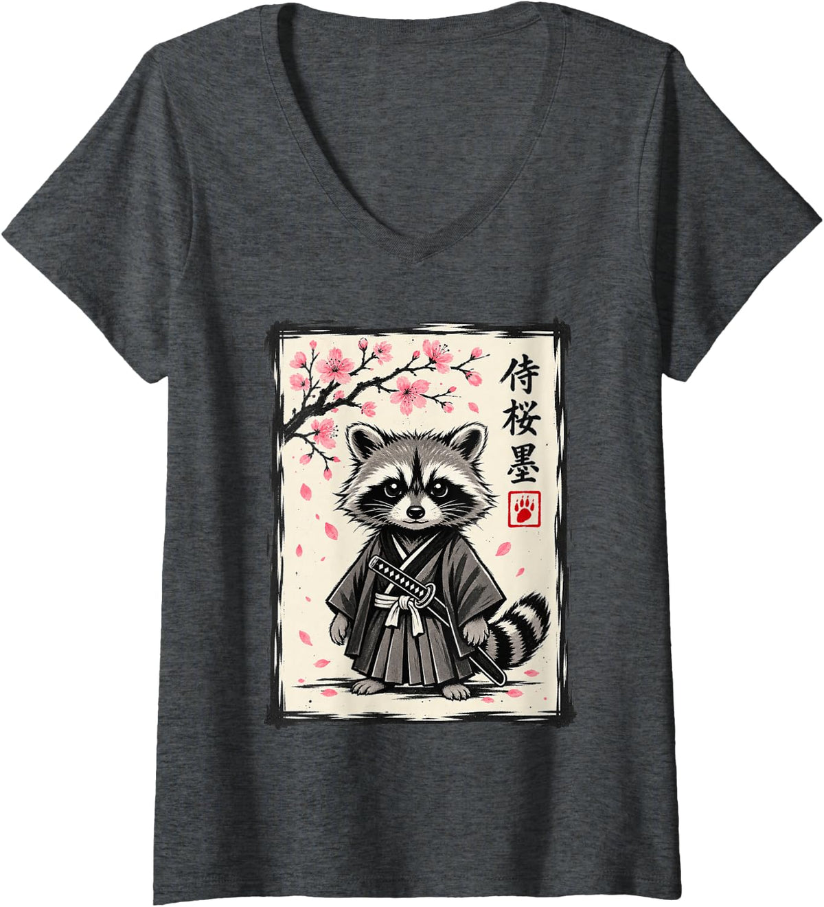Women's Funny Samurai Raccoon Sakura Japanese Kawaii Trash Panda V-Neck T-Shirt - Dark Heather Grey